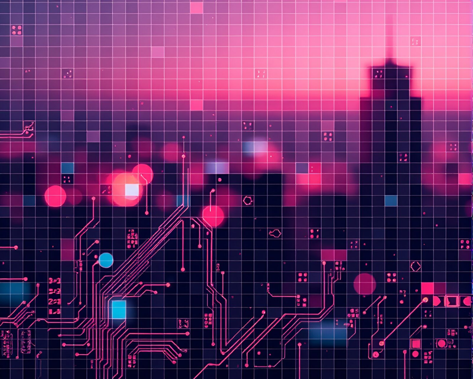 Selective color tiled pattern of circuit board at dusk