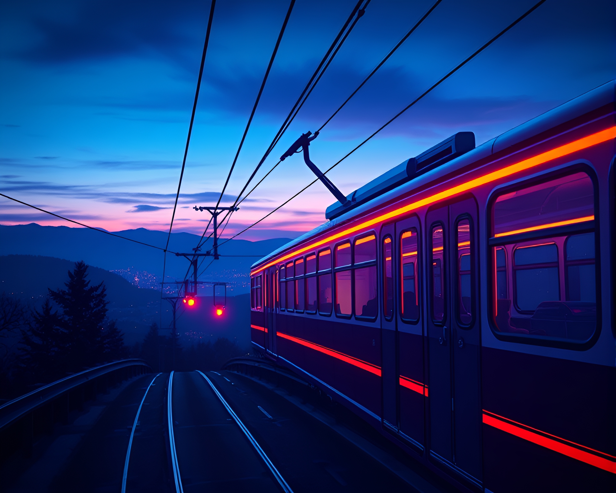 Twilight Blue Hour Cable Car Scan Lines Illustration – free AI stock image