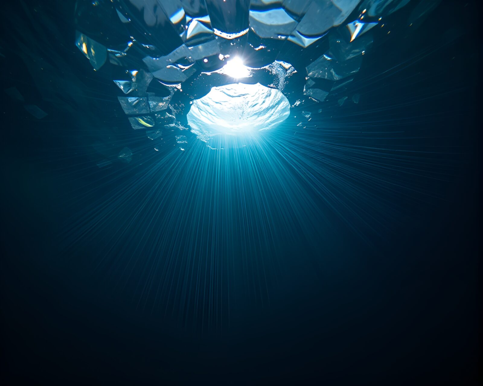Centrally positioned glowing rainbow dome undersea with captivating lighting effects