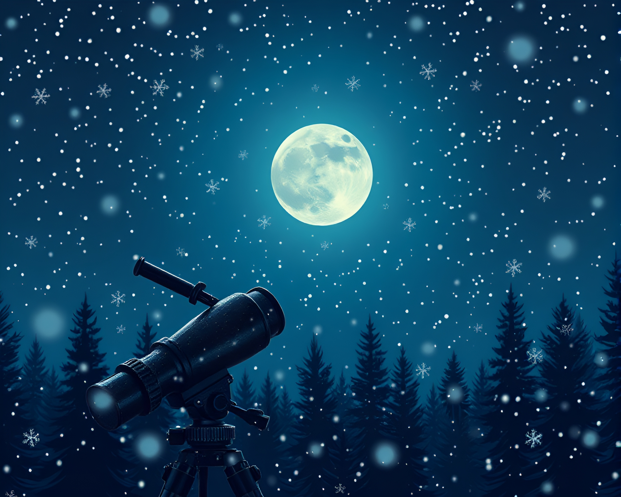 Vintage telescope under moonlight with snowflake patterns – free AI stock image