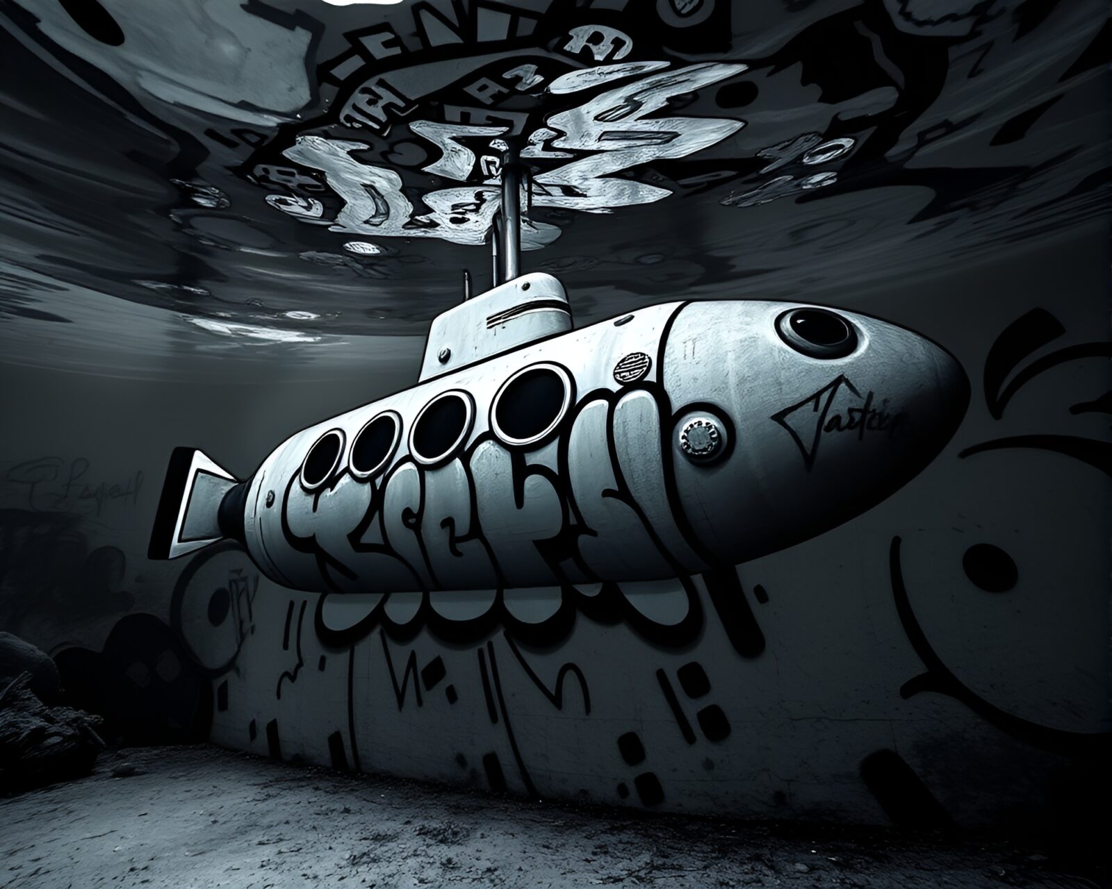 Low-angle black and white shot of submarine with graffiti