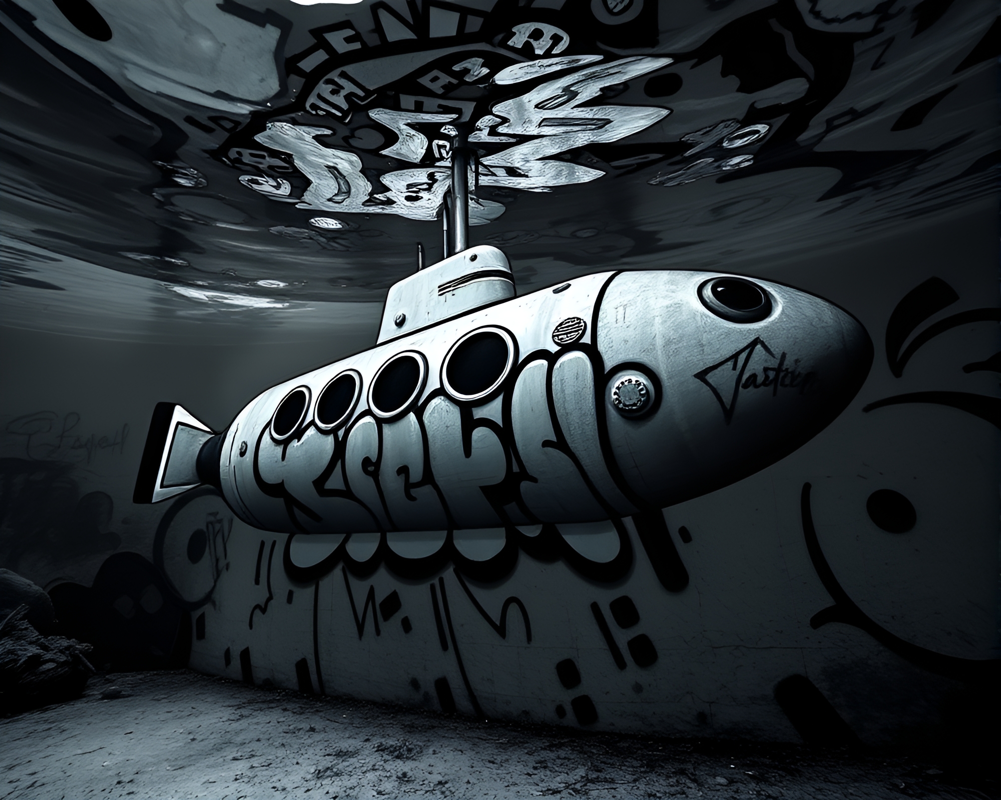 Submarine under pastel graffiti skies – free AI stock image