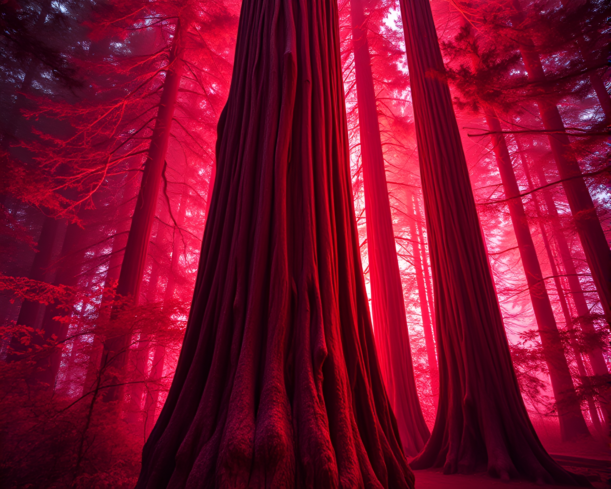 Neon Reflections: Cybernetic Redwood with Peachy Glow – free AI stock image