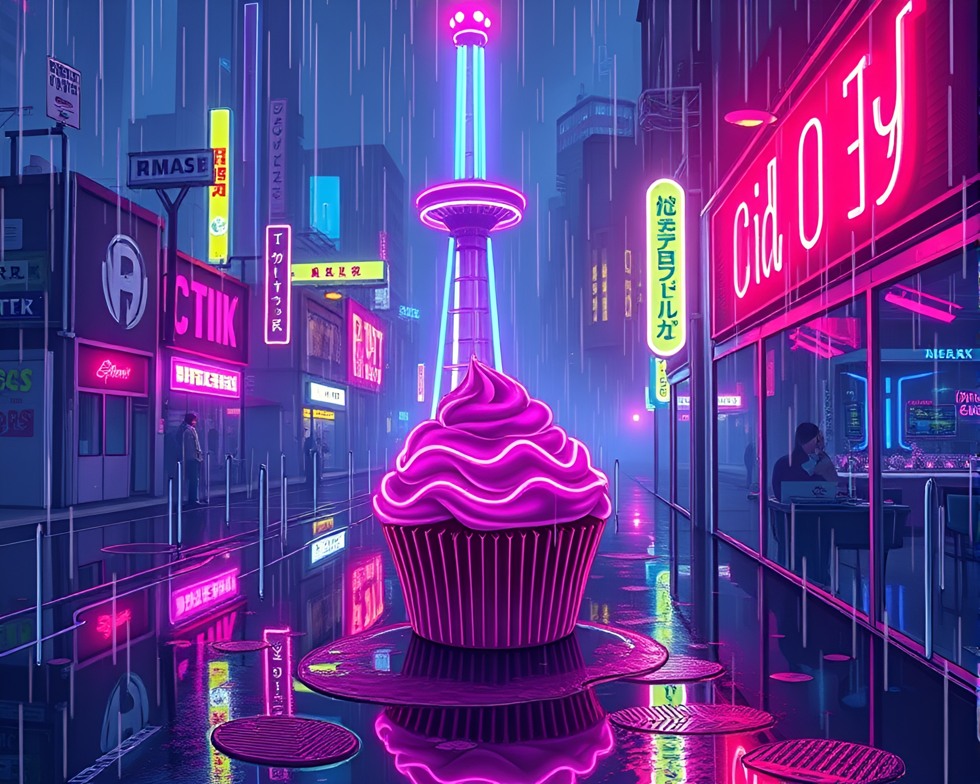 Neon Cupcake Tower in Cyberpunk Rainy Cityscape – free AI stock image