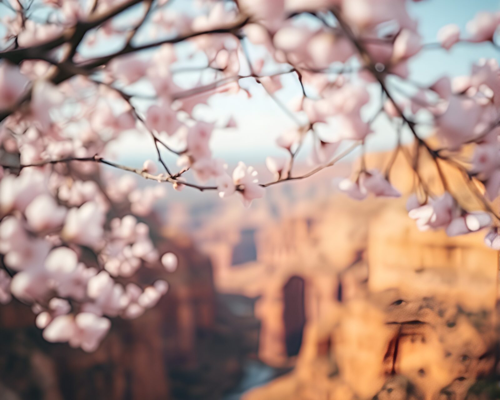 Dreamy cherry blossom tree with bokeh foreground in canyon rust hues