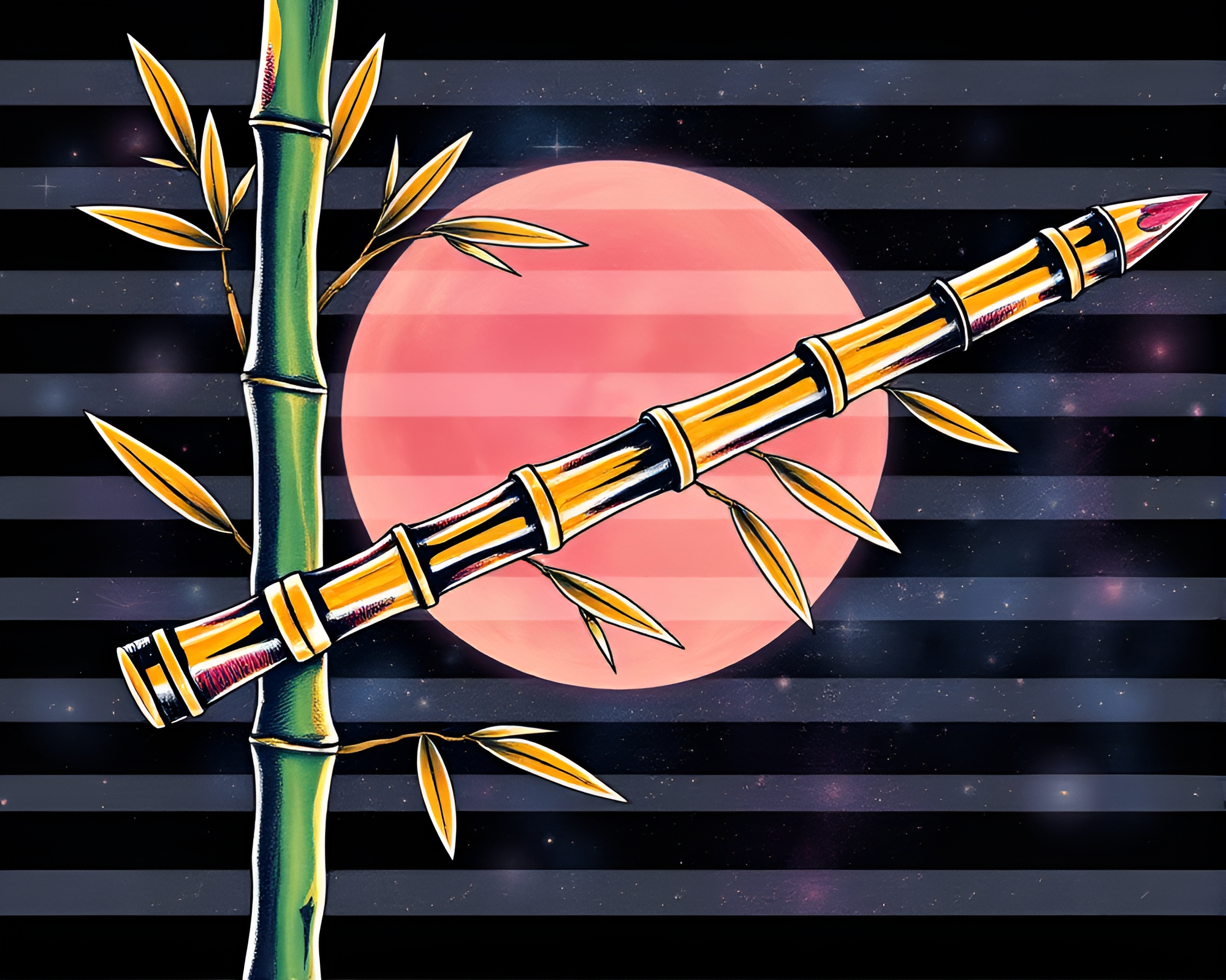 Bamboo Flute Serenade: Striped Tattoo Flash Art – free AI stock image