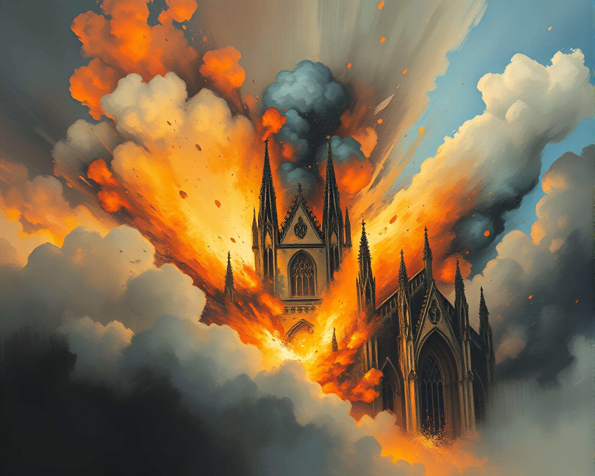 Gothic Cathedral Engulfed by Explosive Clouds – free AI stock image