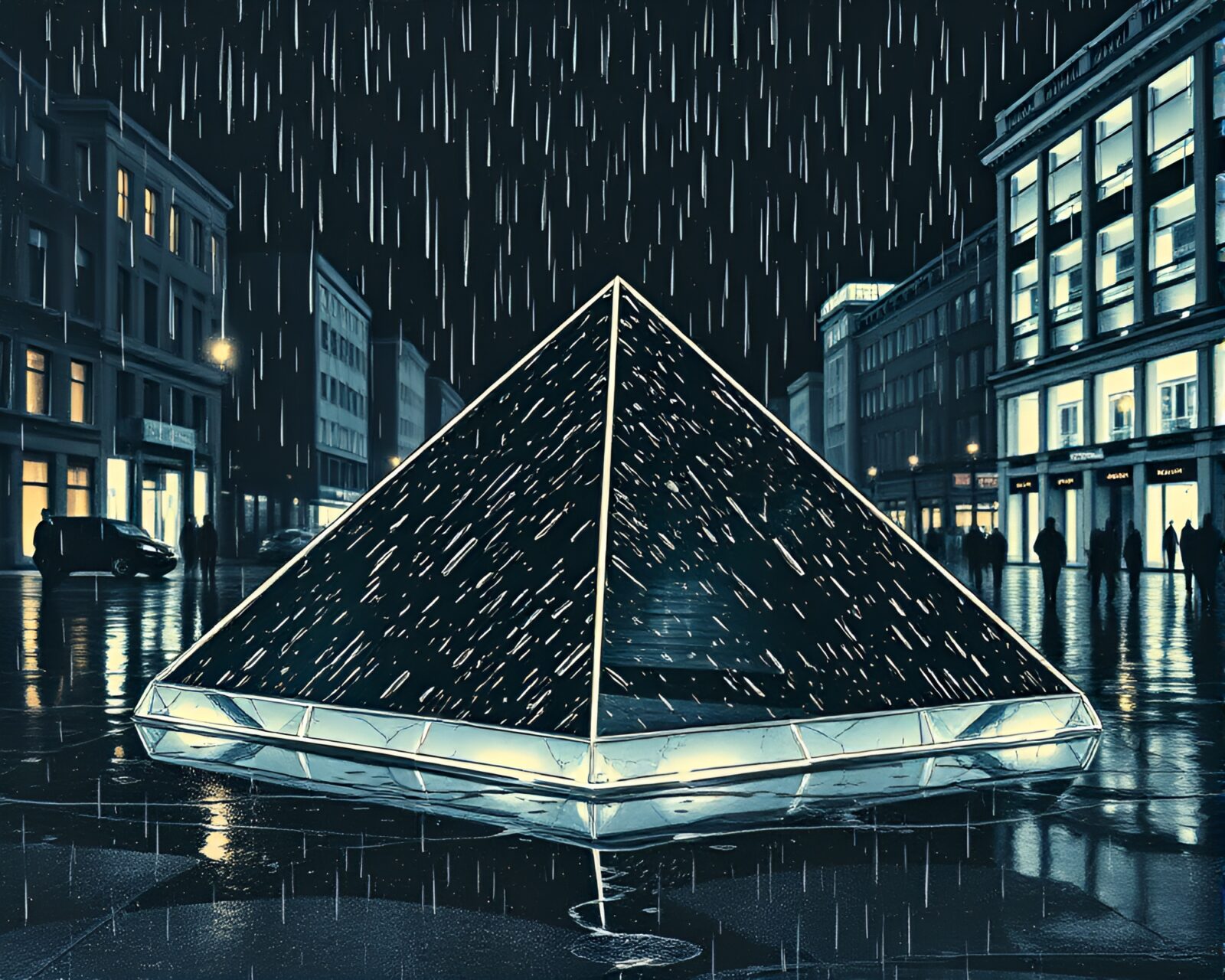 Dark, reflective glass pyramid under rainy woodblock print