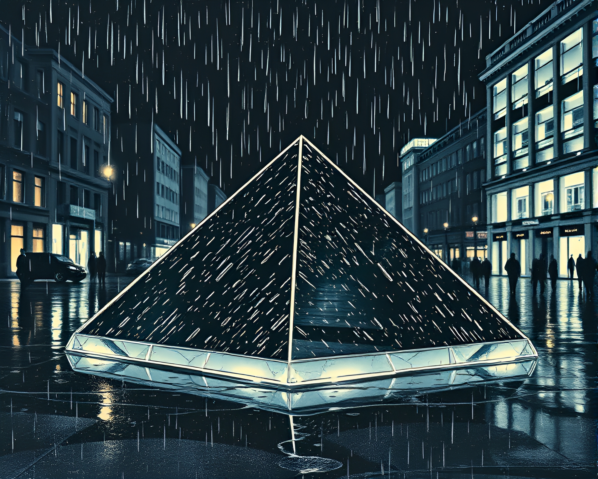 Glass Pyramid in Rainy Woodblock Print – free AI stock image