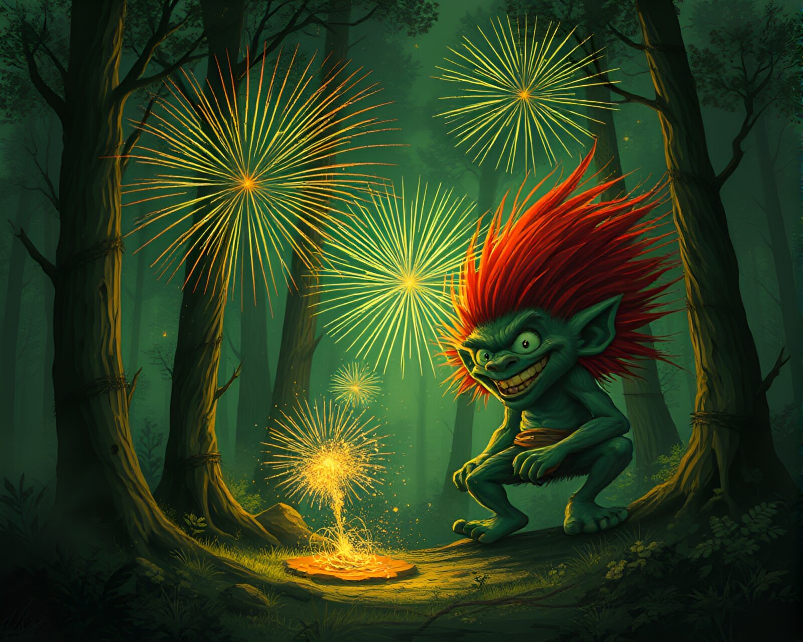 Enchanting forest scene with troll and fireworks bursts