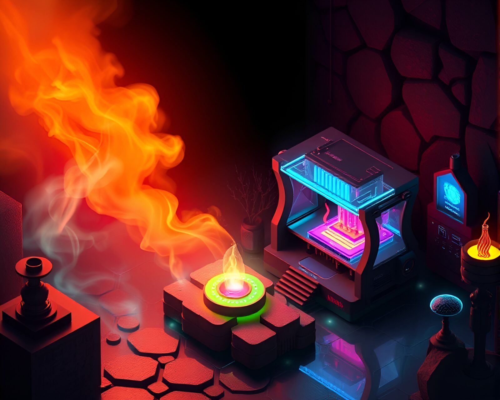 Wide shot of magical isometric bio-printer technology