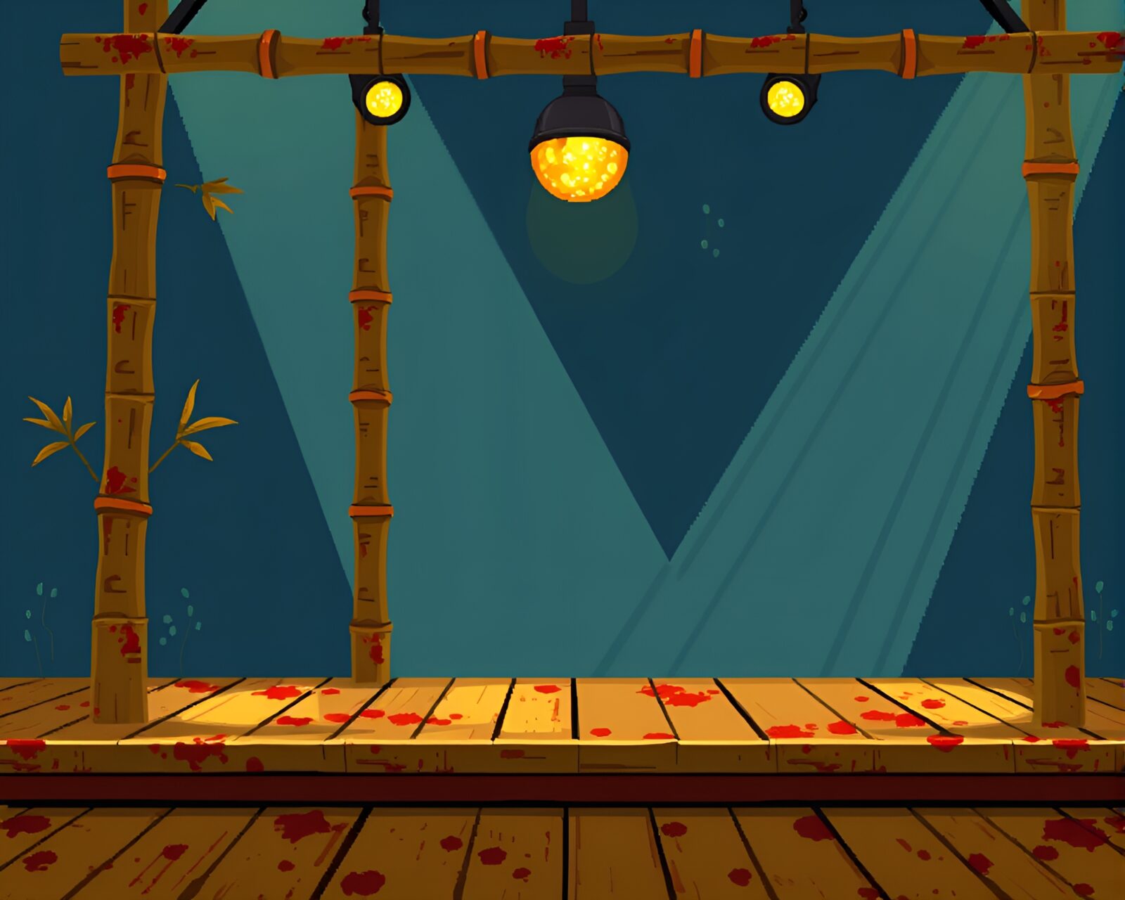 Glowing bamboo flute with rust streaks under pixelated stage lights