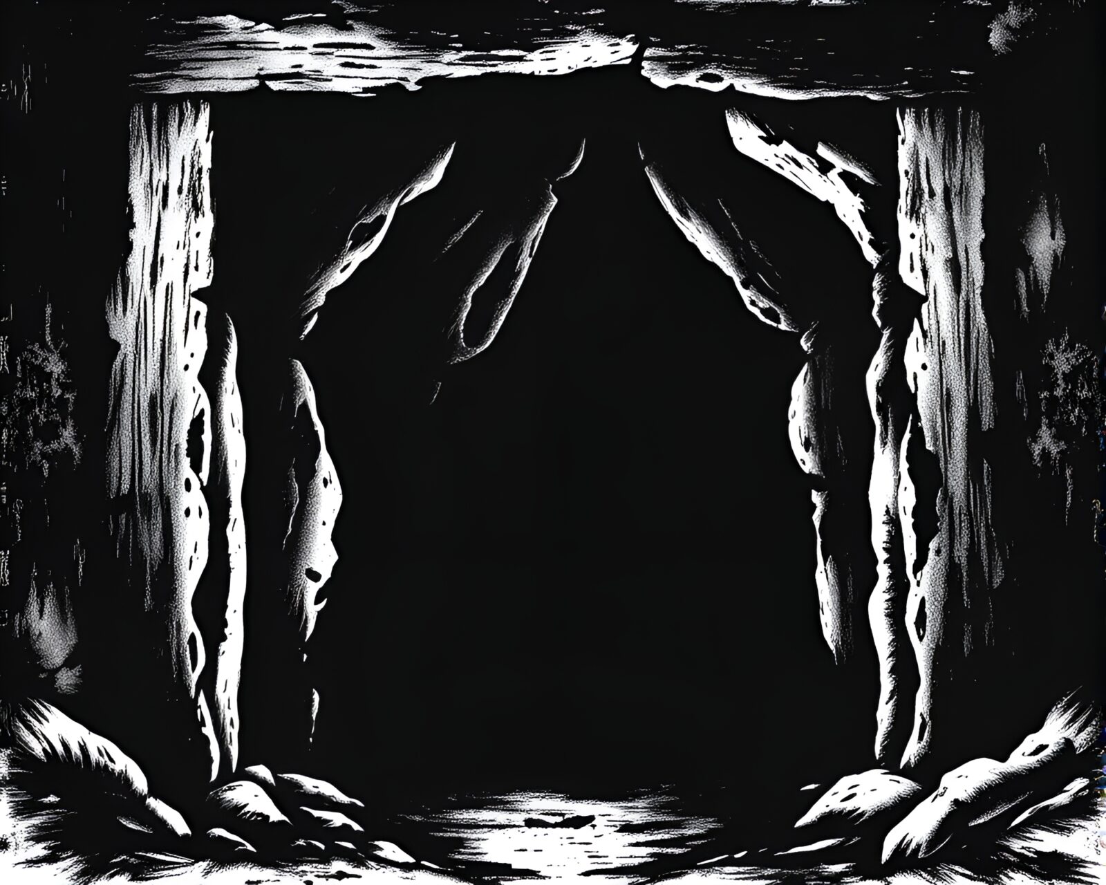 Stipple-shaded illustration of a rusty pocketknife in dark cave entrance