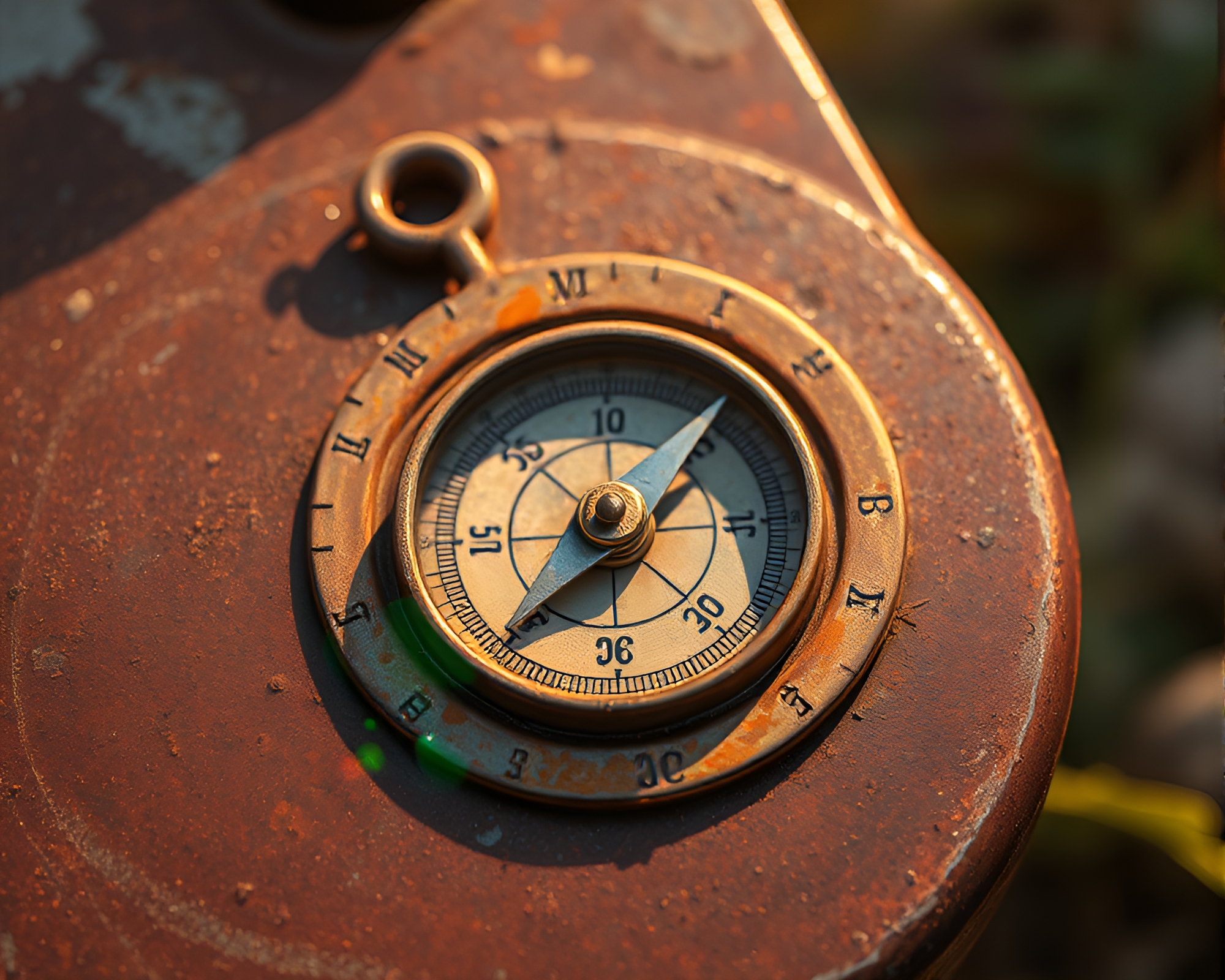 Rust Patina Pocket Sundial in Afternoon Warm Glow – free AI stock image