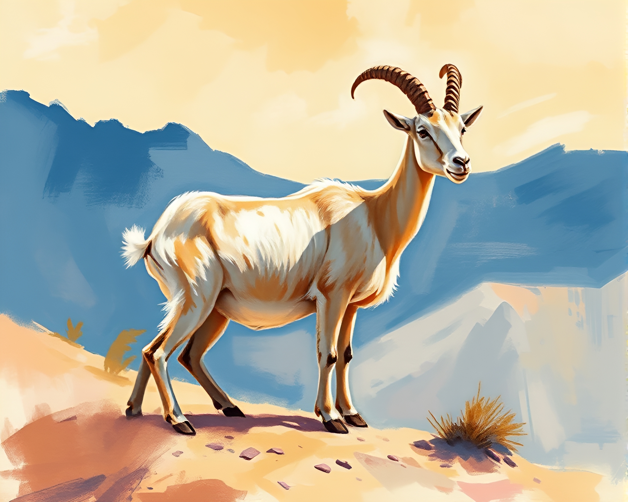Majestic Mountain Goat in Impressionist Desert Setting – free AI stock image