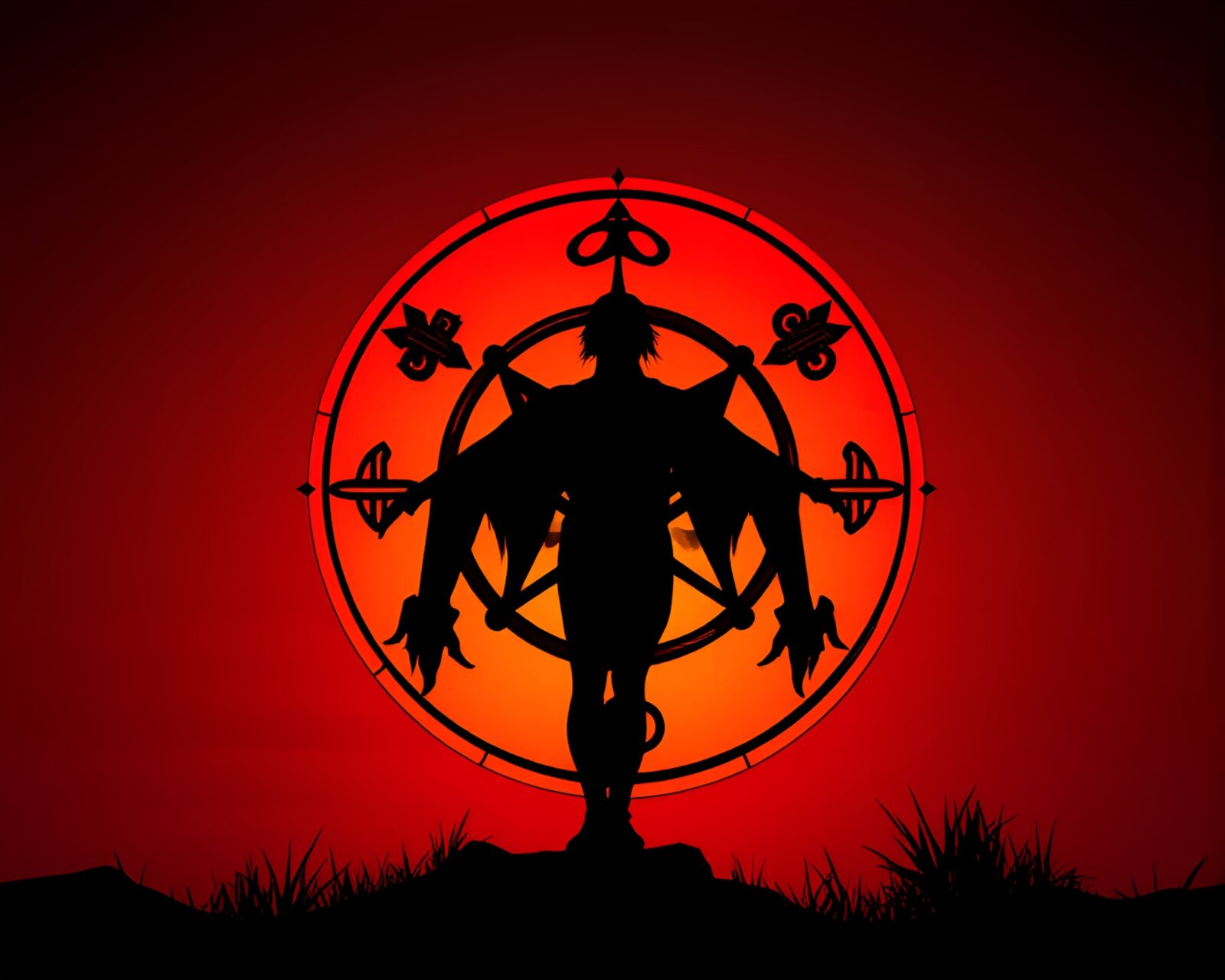Shadowy alchemical symbols against warm sunset hues in grunge