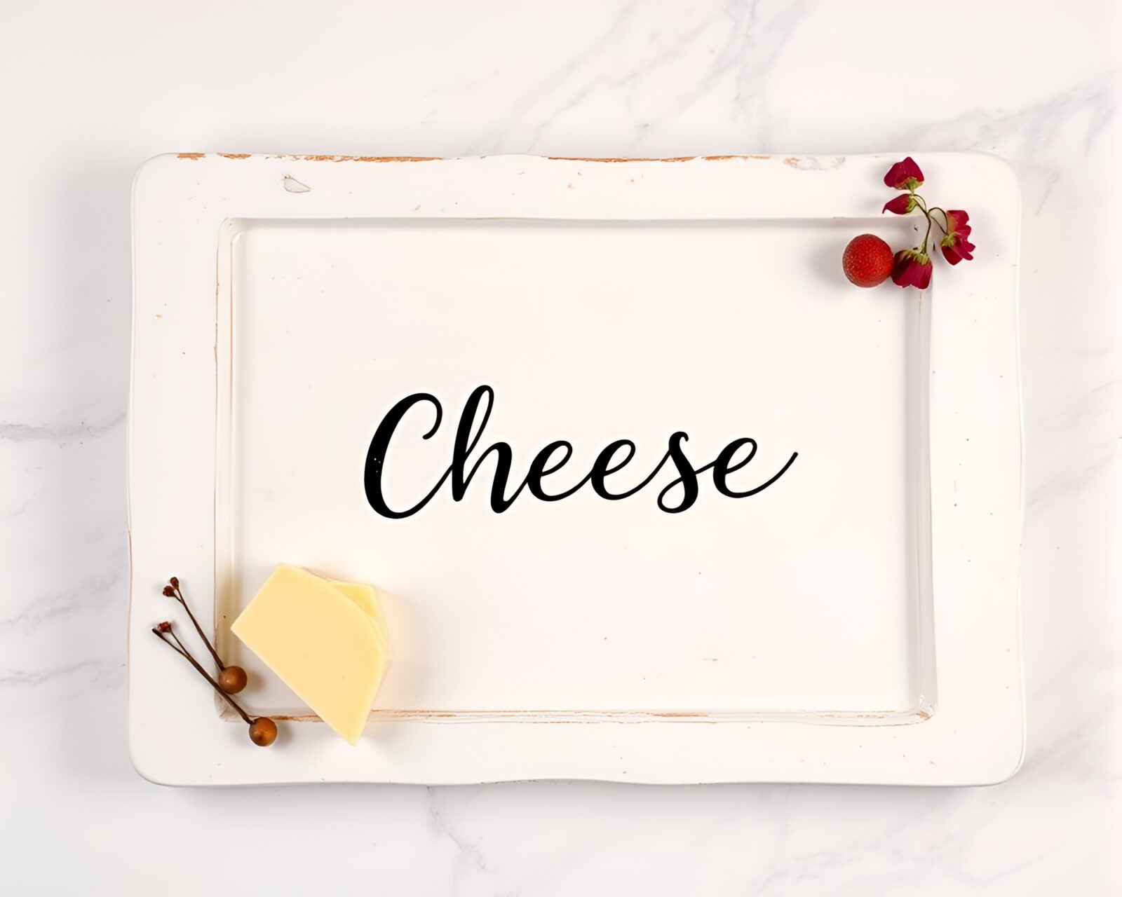 Sophisticated off-white cheese display with stylish calligraphy accents