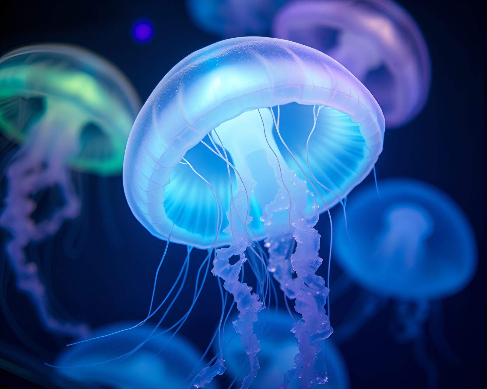 Bioluminescent jellyfish with dynamic angles and vivid colors