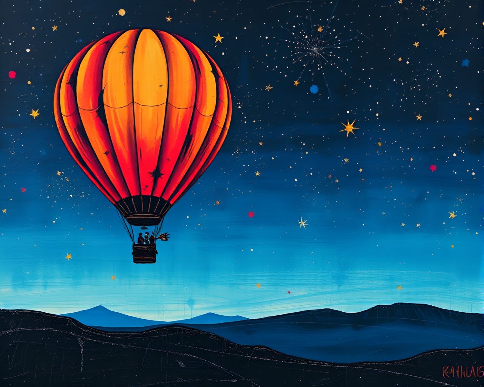 Vibrant splattered colors on hot air balloon in night sky