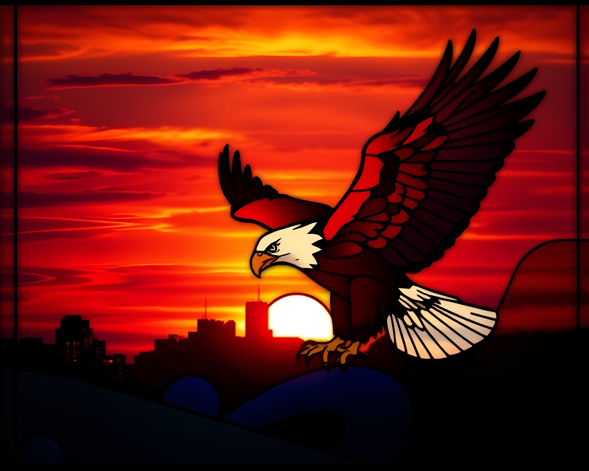 Eagle amid Sunset Stained Glass Skyline – free AI stock image