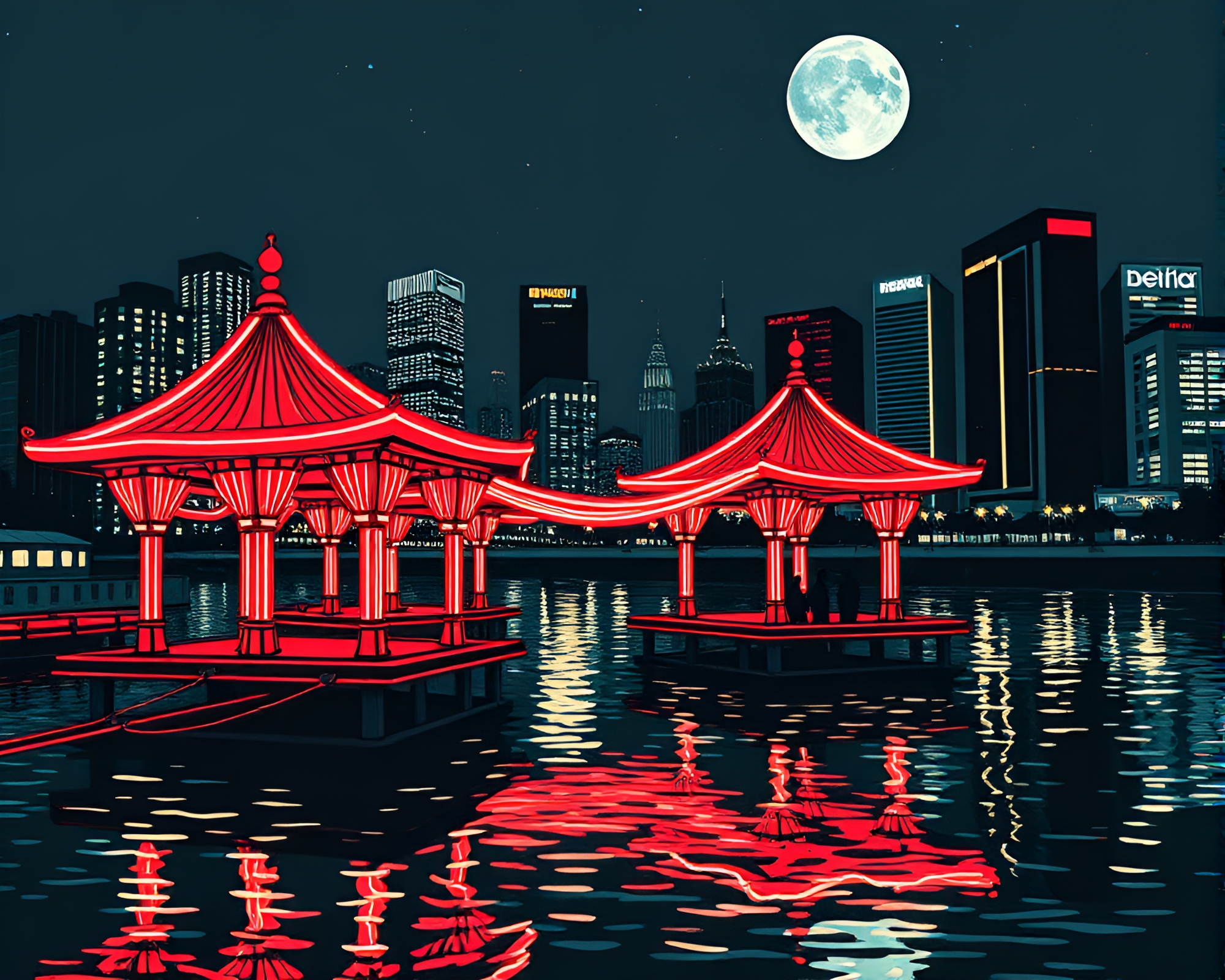 Neon City Pavilion: Woodcut Nightlights – free AI stock image