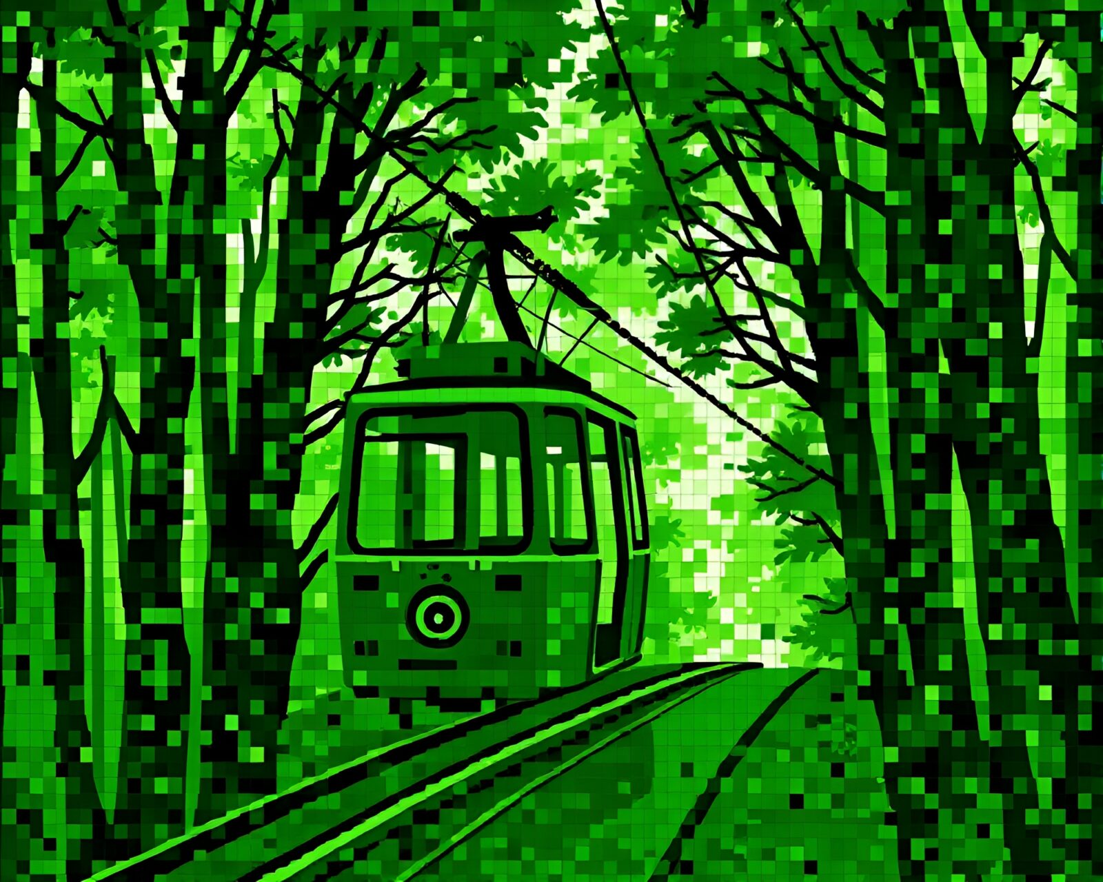 AI-generated forest-green cable car mosaic tiling artwork