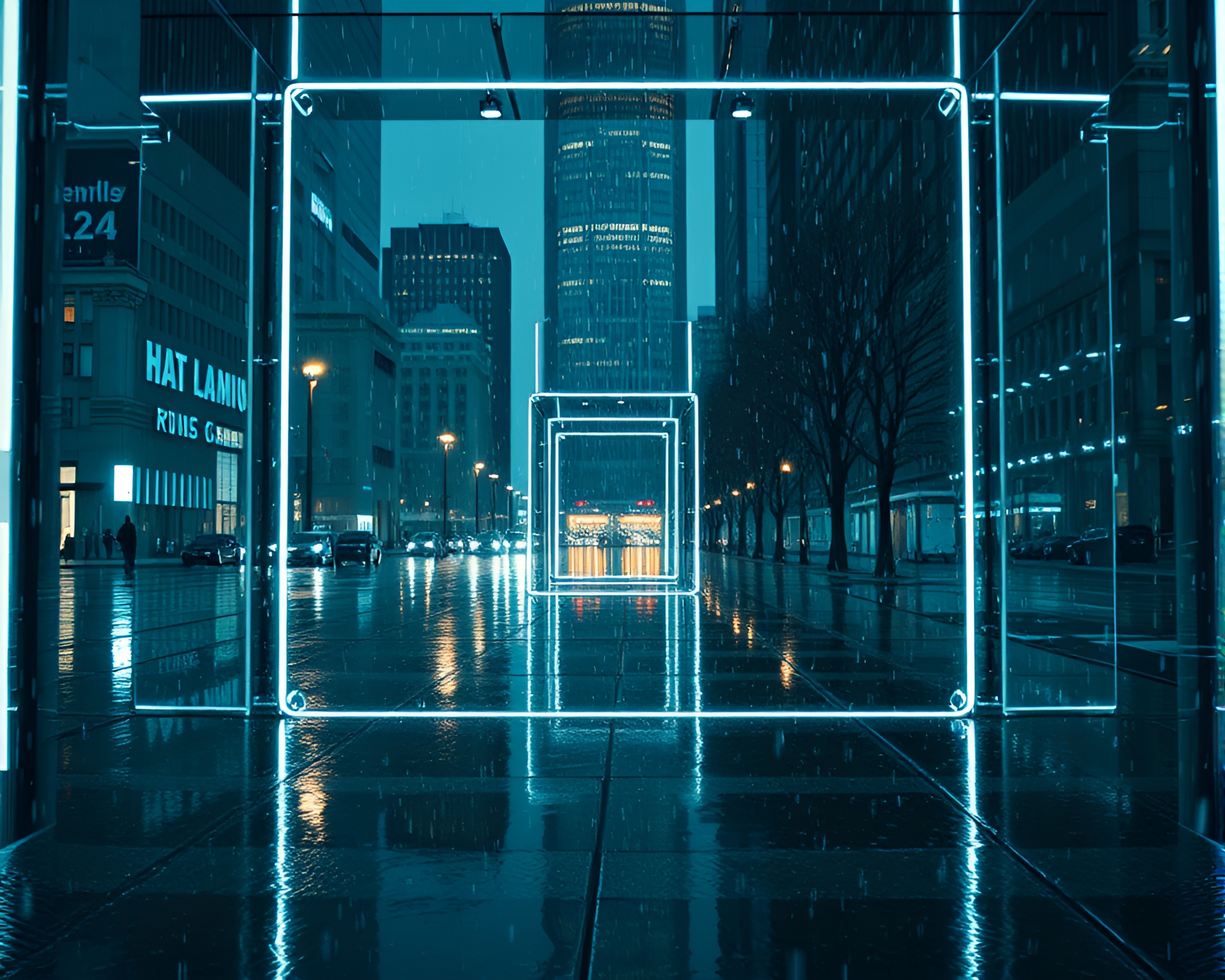 Futuristic Quantum Teleportation Hub in Rainy Cityscape – free AI stock image