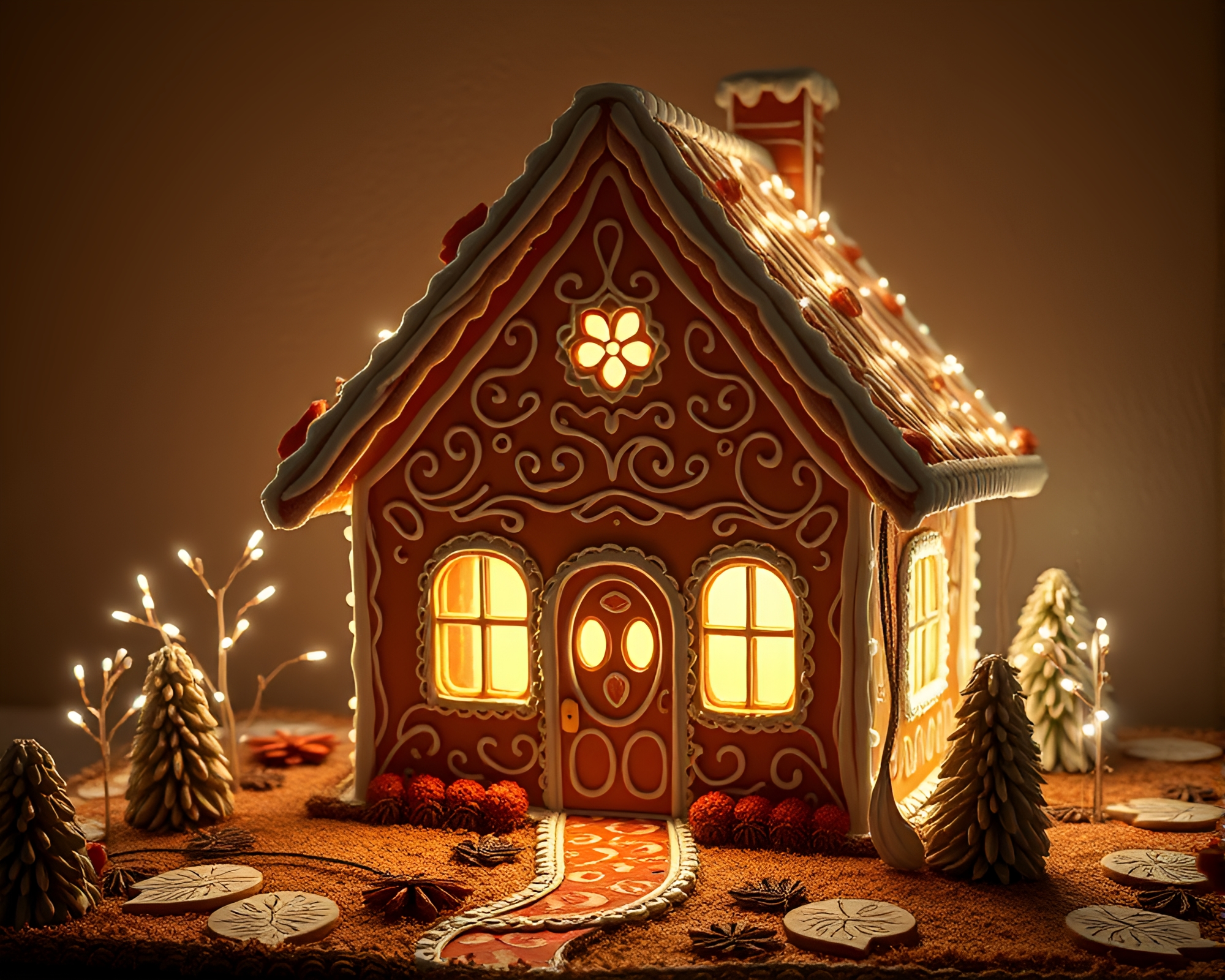 Gingerbread House with Leaf Vein Pattern in Fluorescent Light – free AI stock image