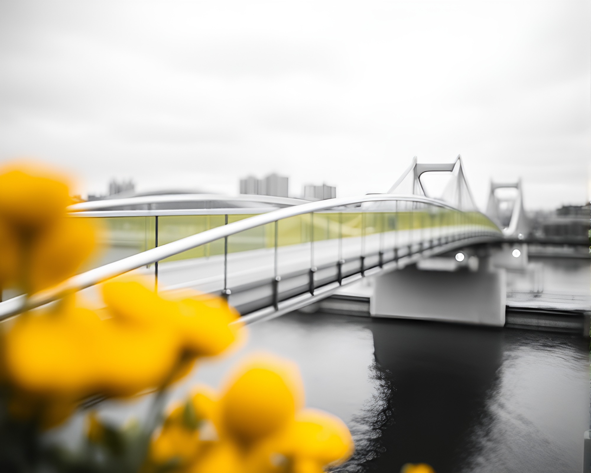 Lemon Yellow Glass Bridge in Soft Focus Black and White Composition – free AI stock image
