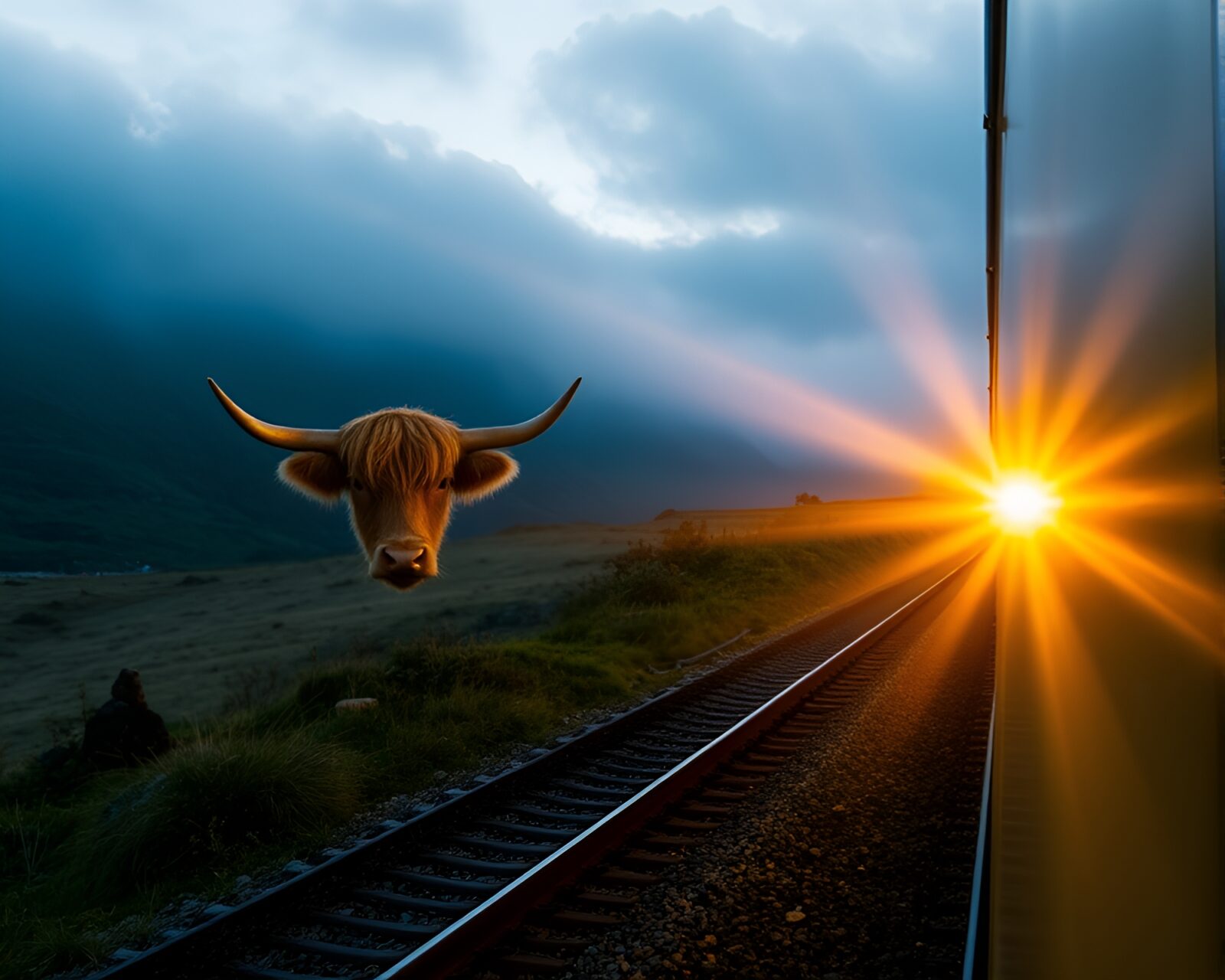 Majestic Highland cow in mustard yellow sunset with train light trails