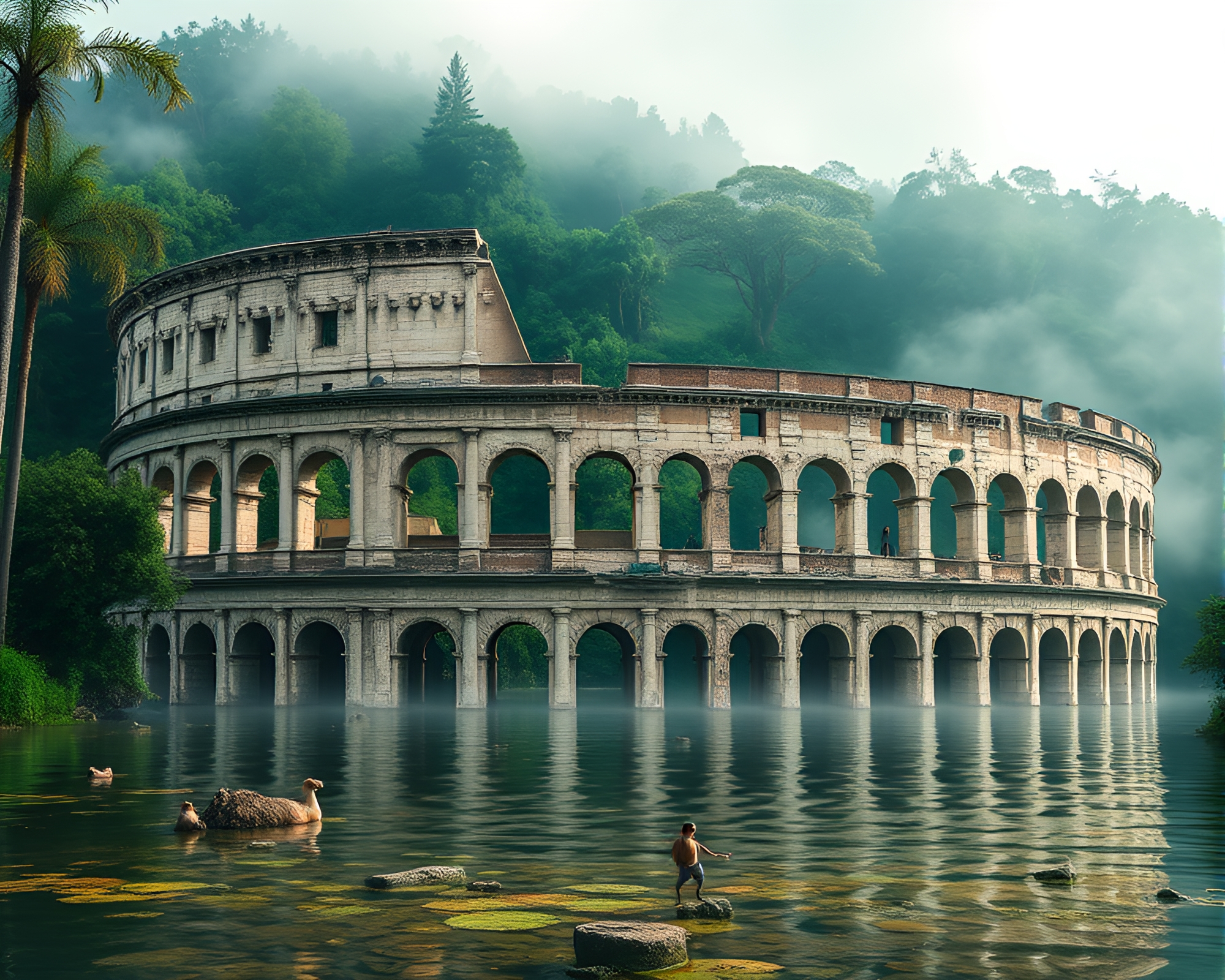 Roman Coliseum Water Distortion in Green Haze Vignette – free AI stock image