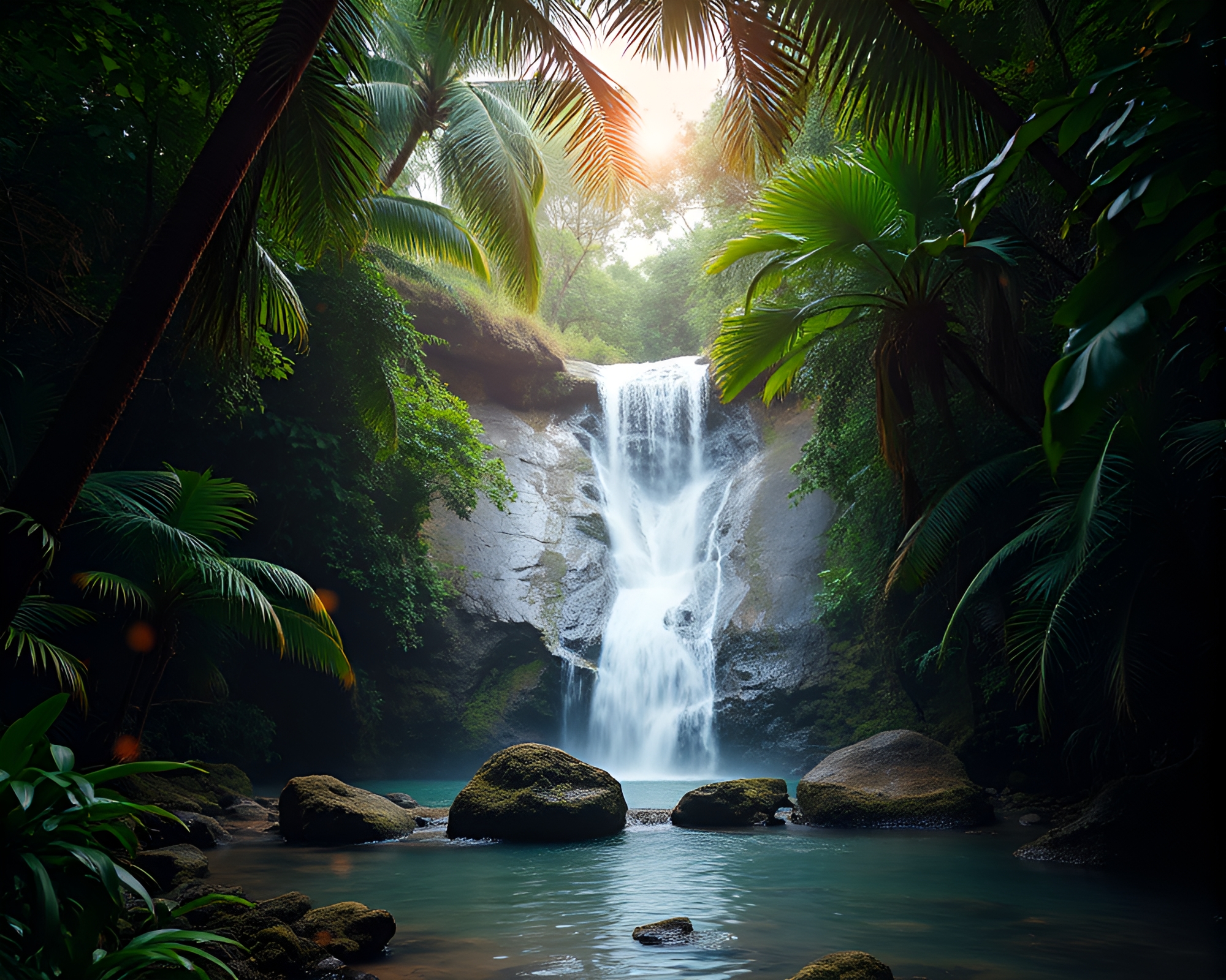 Tropical Waterfall Fairy Light Stereograph Composition – free AI stock image