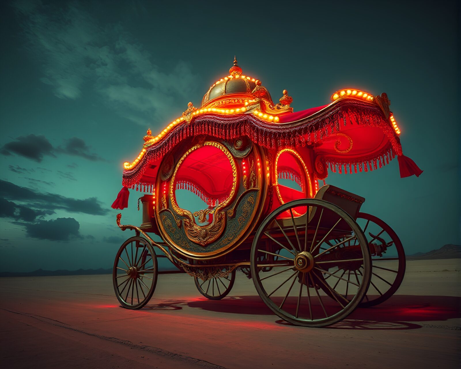 Wide-angle view of neon-lit chariot race at dusk