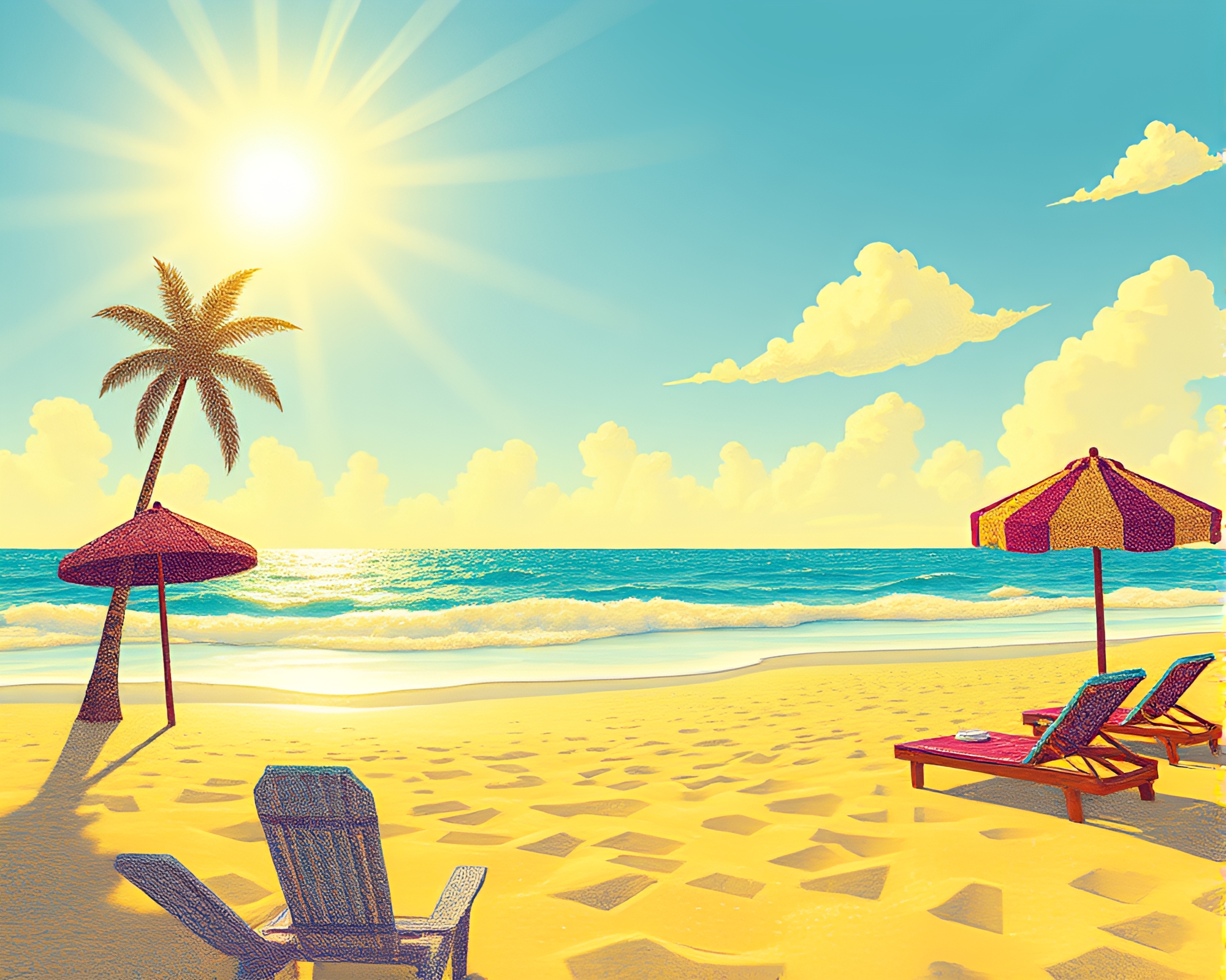Golden Summer Beach with Triadic Colors and Toon Shading – free AI stock image