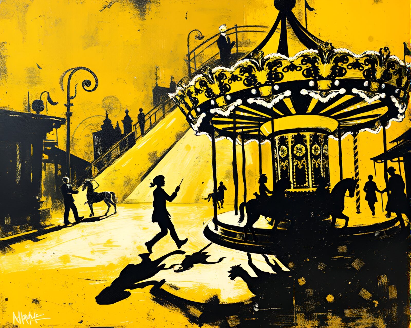 Palette knife painting of trapped carousel horses in shadowed carnival