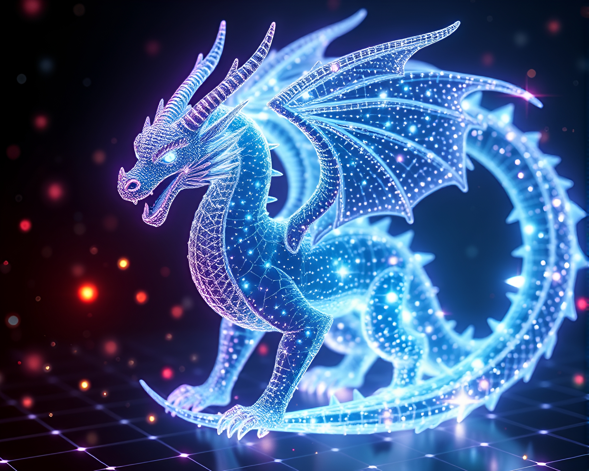 Dragon Grid Overlay with Fairy Light Sparkle – free AI stock image