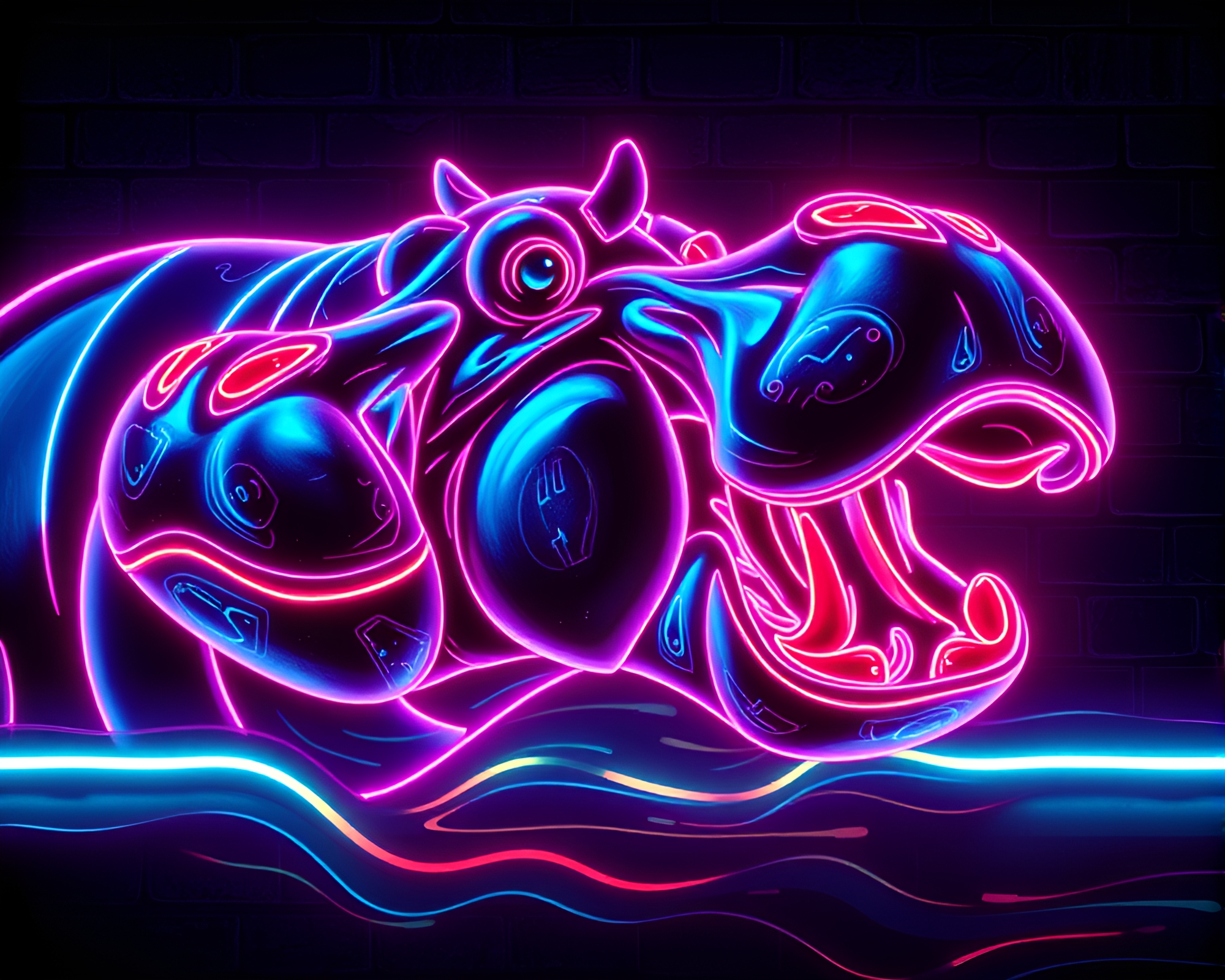 Cybernetic Hippopotamus in Neon Glow Composition – free AI stock image