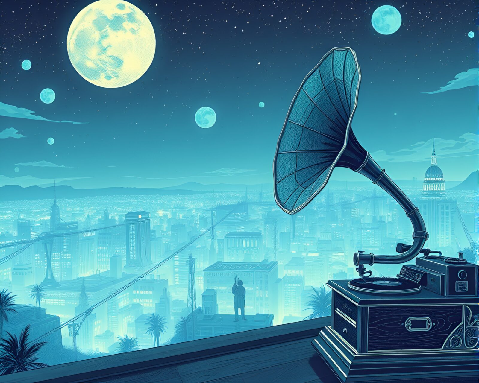 Steampunk gramophone in a panoramic ice-blue world with intricate fashion details