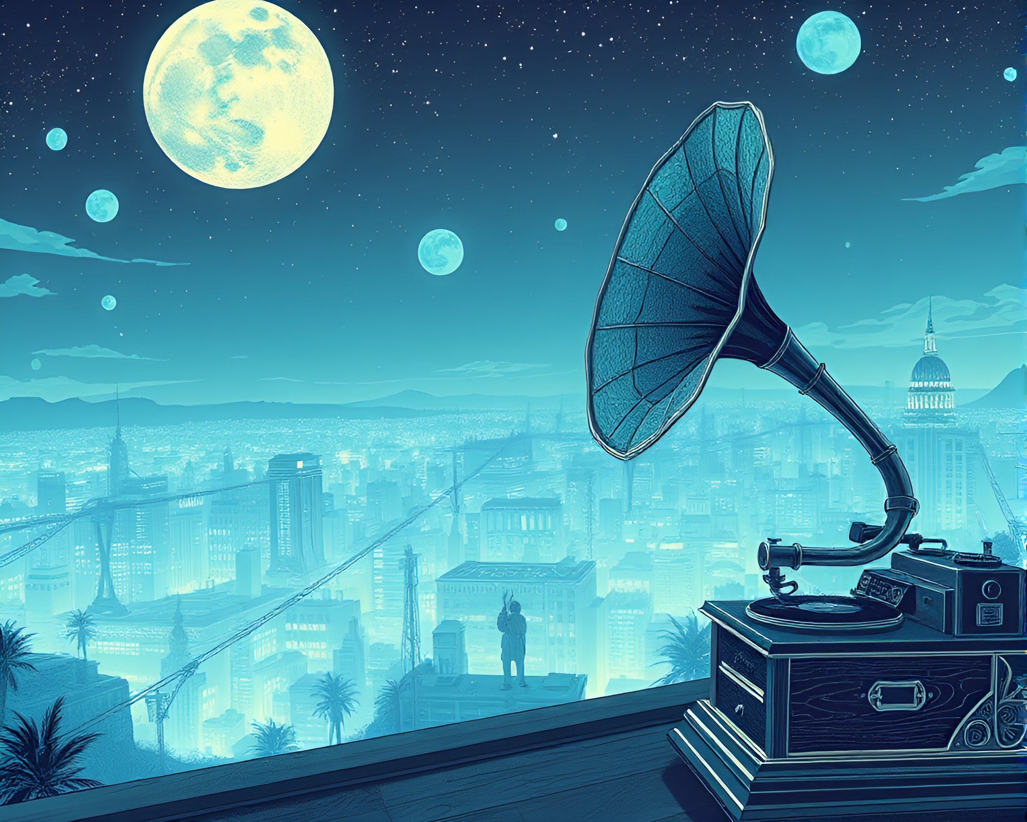 Steampunk Gramophone in Ice-Blue Fashion Illustration Panorama – free AI stock image