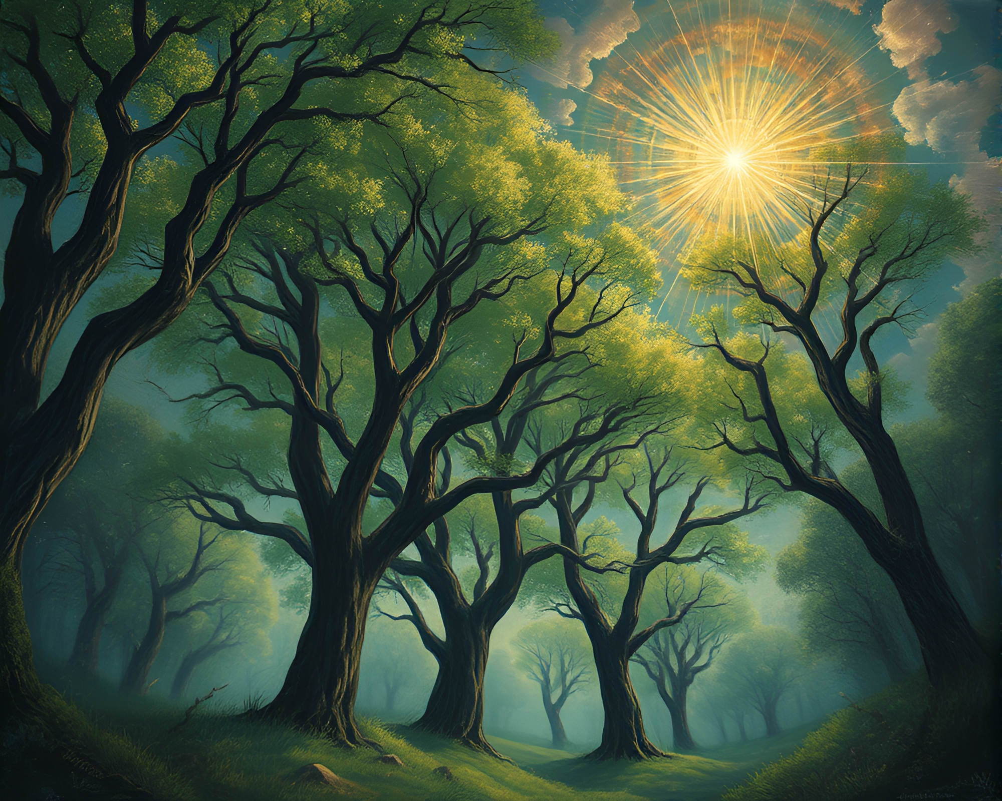 Enchanted Ancient Grove Zoom Burst Painting – free AI stock image