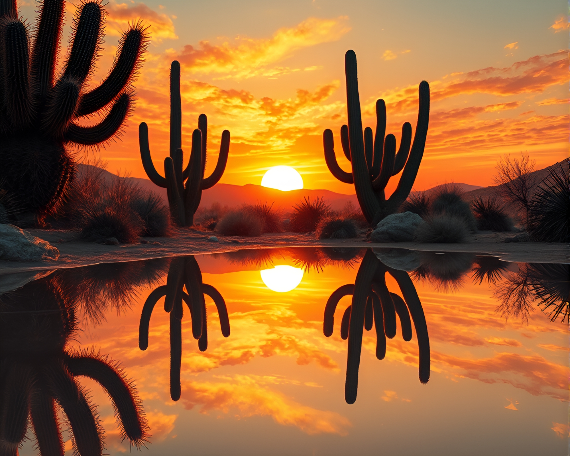 Double Reflection: Cacti Mirage at Sunset – free AI stock image