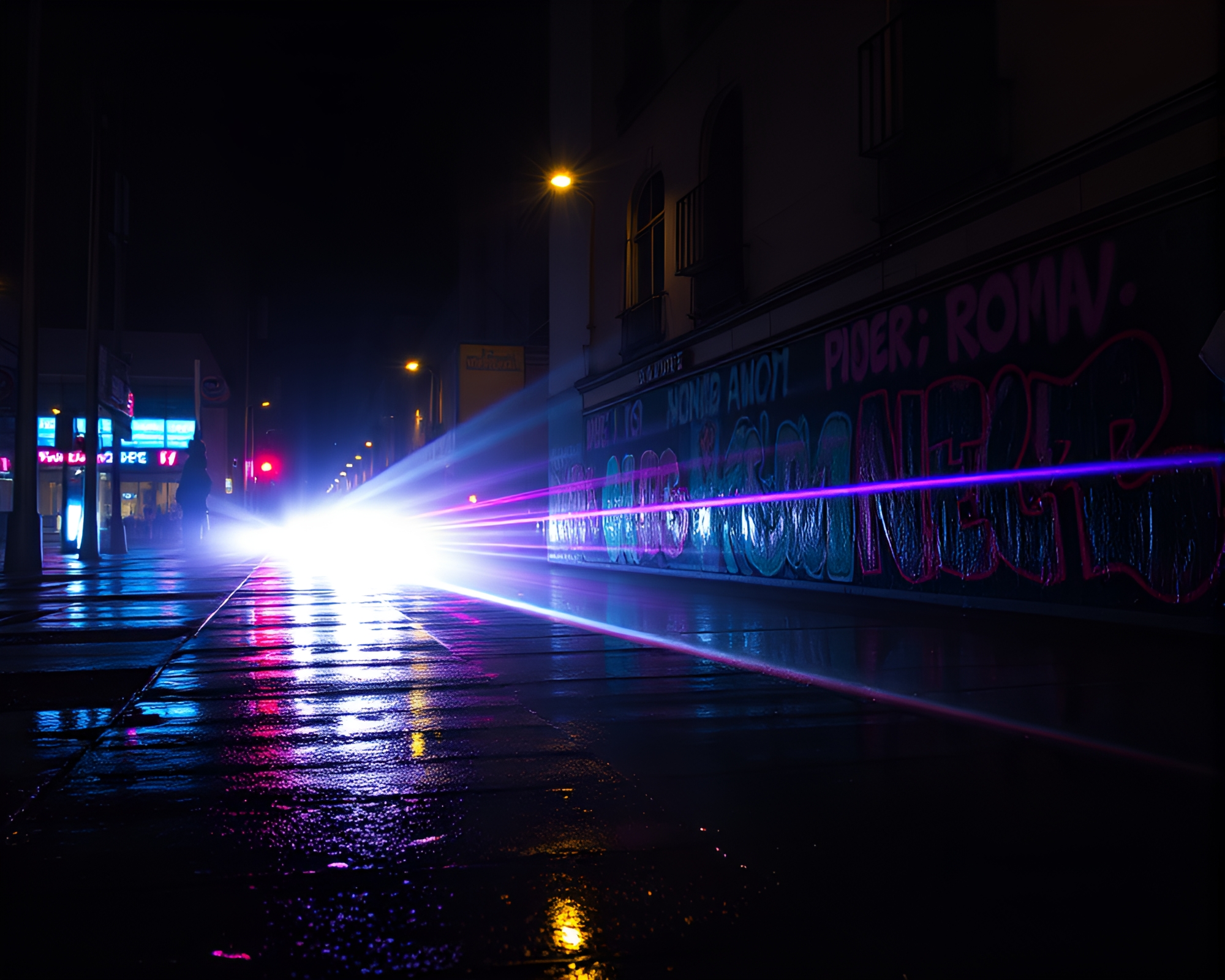 Neon Graffiti Laser Sword Duel on Wet Pavement – free AI stock image