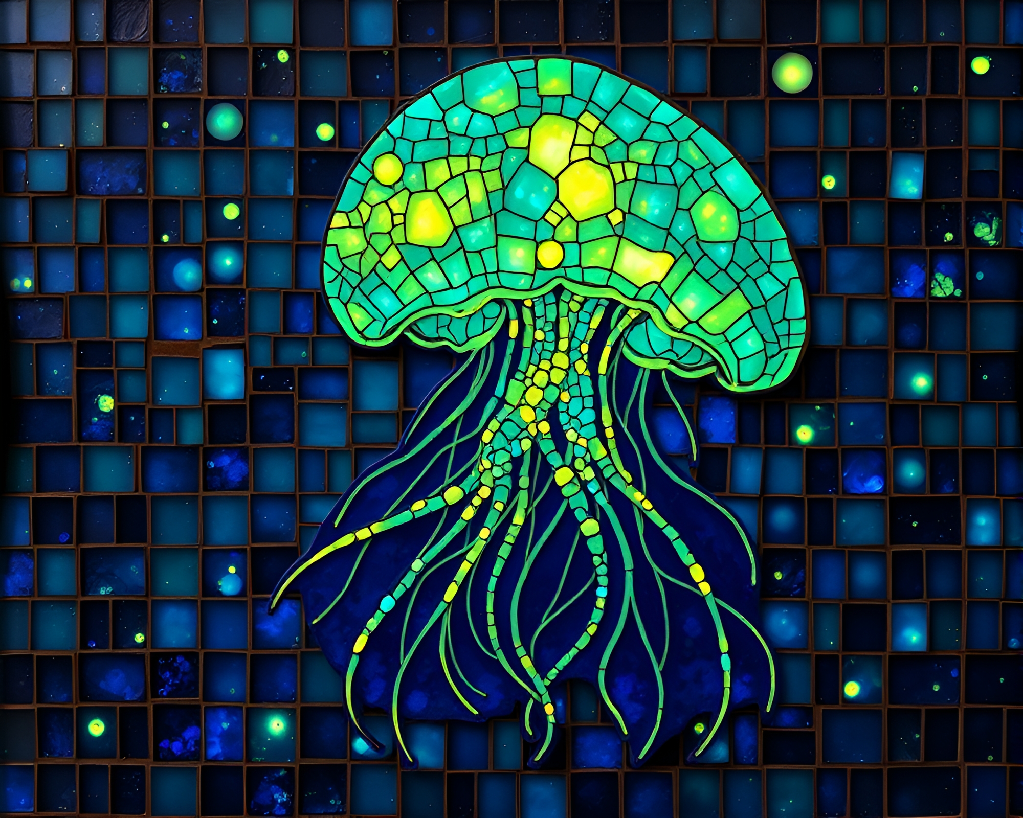Bioluminescent Jellyfish Mosaic Engraving in Sapphire Light – free AI stock image