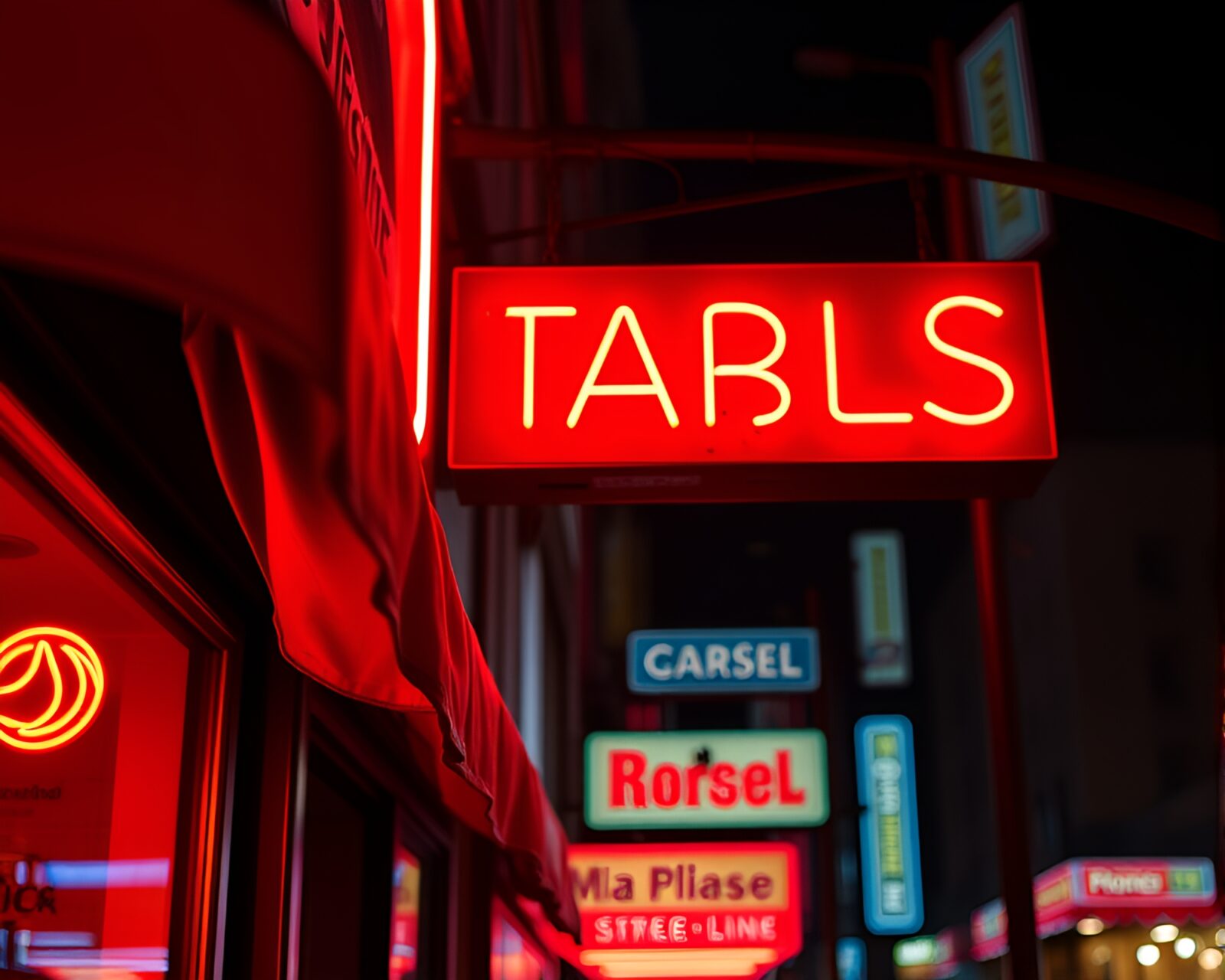 A futuristic scene of neon-lit fabric folds under streetlamp glow