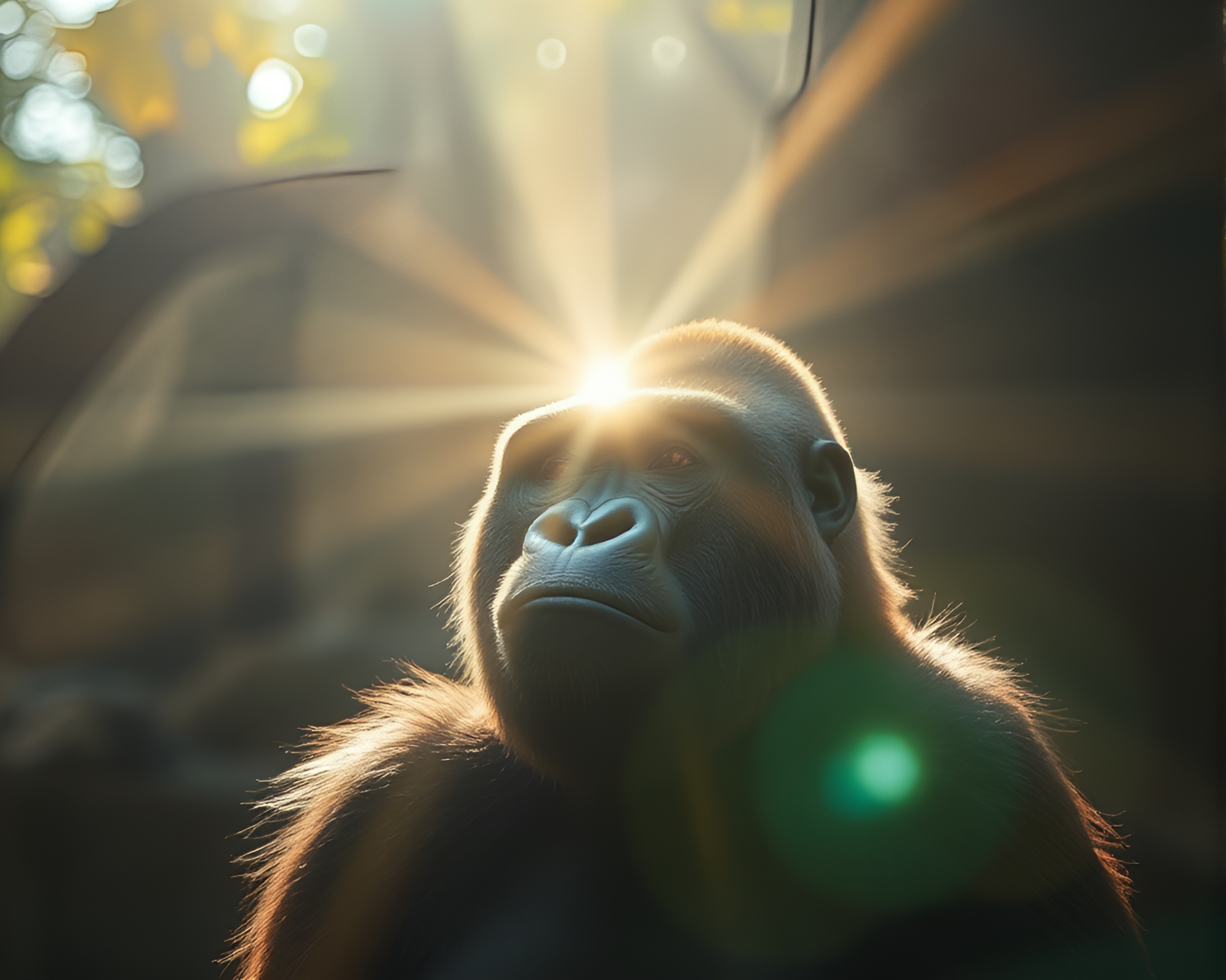 Golden Sunlit Gorilla in Motion Blur Jungle – free AI stock image