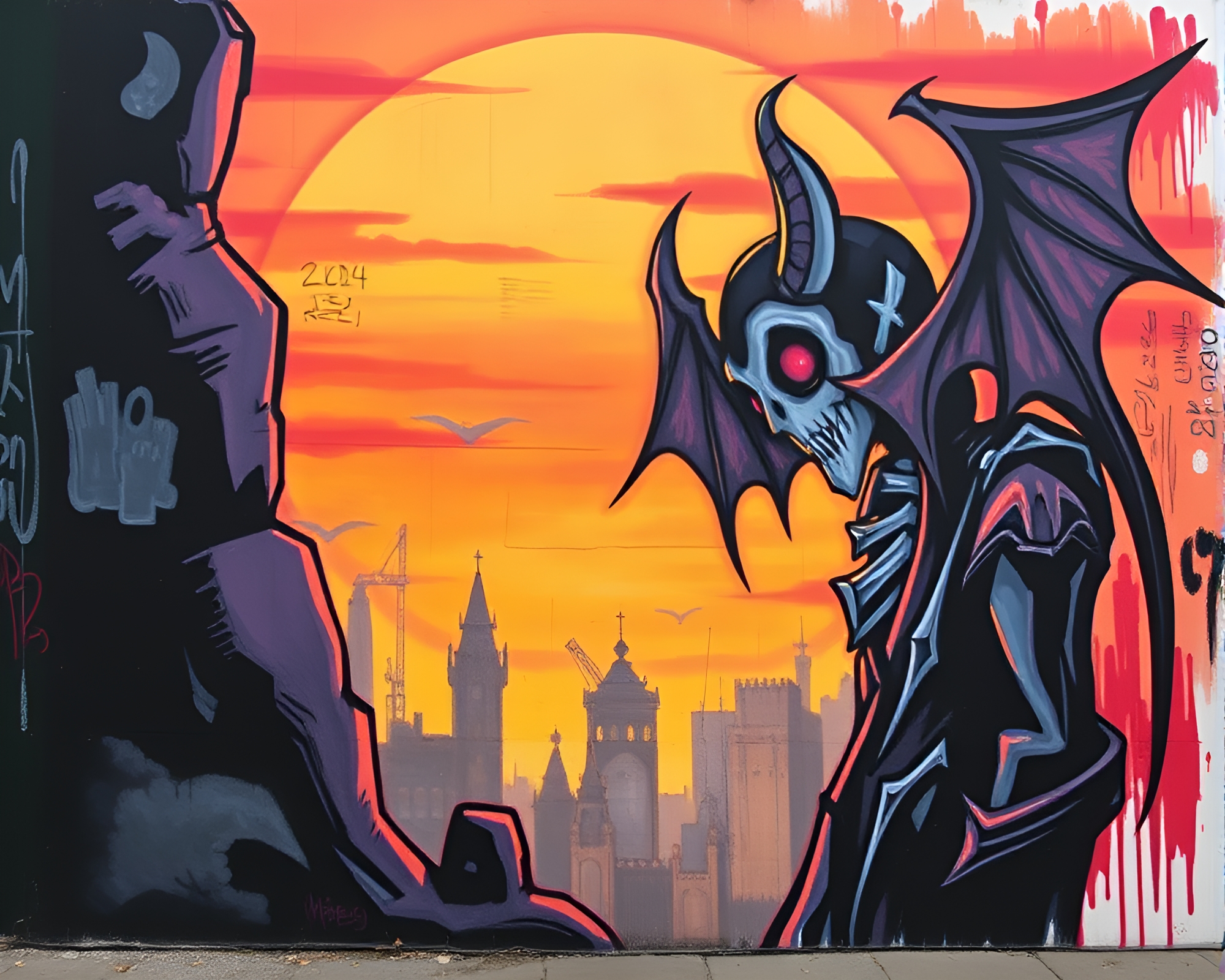 Enigmatic Vampire Mural in Sunset Pastels – free AI stock image