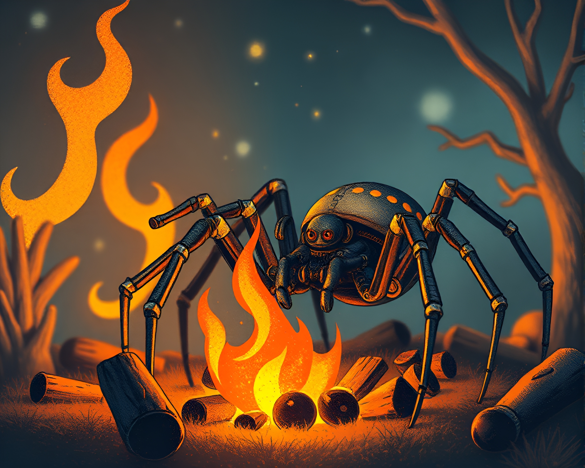 Mechanical Spider Stippling Bonfire Illustration – free AI stock image