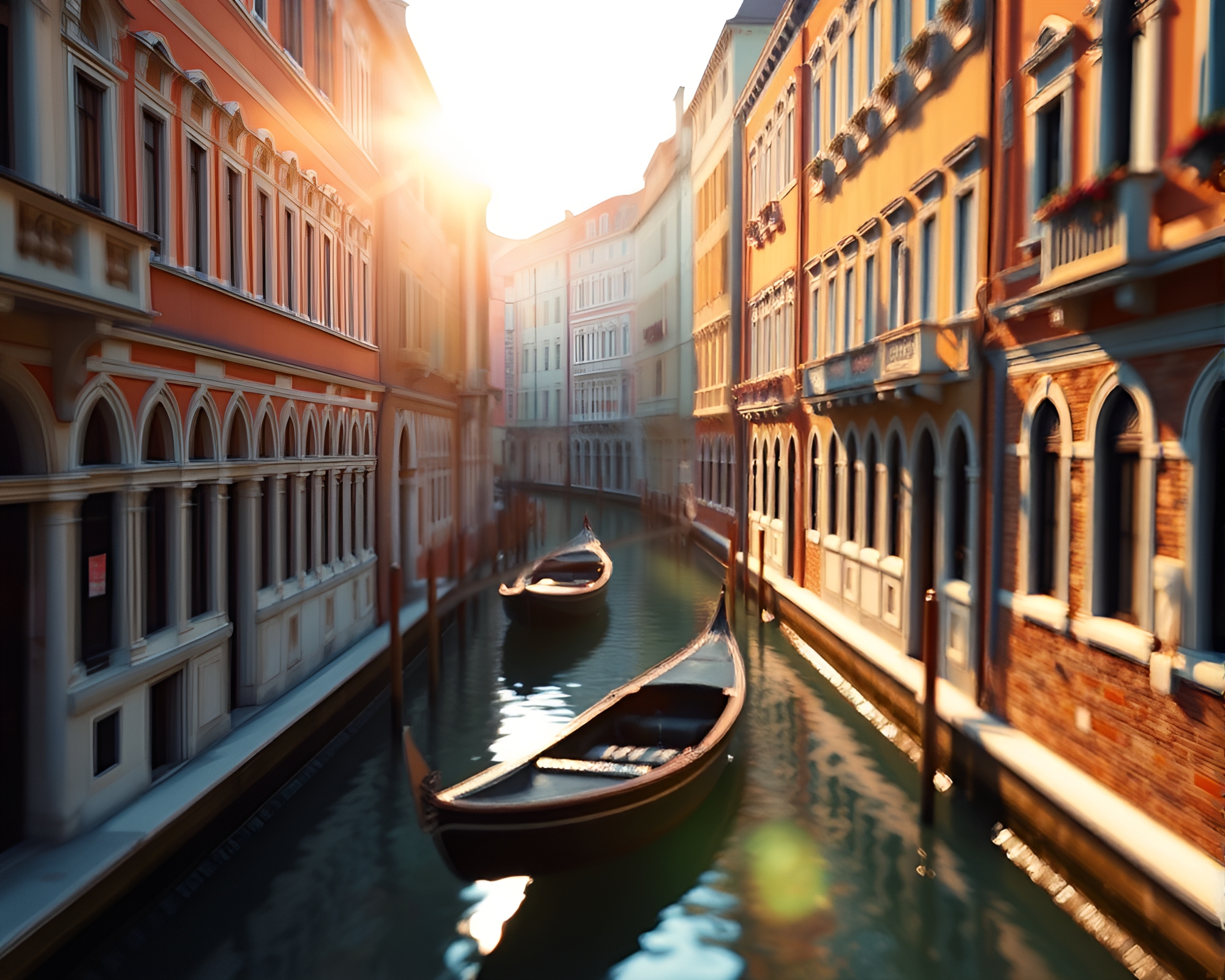 Venetian Canal Serenity with Solar Flare Glow – free AI stock image