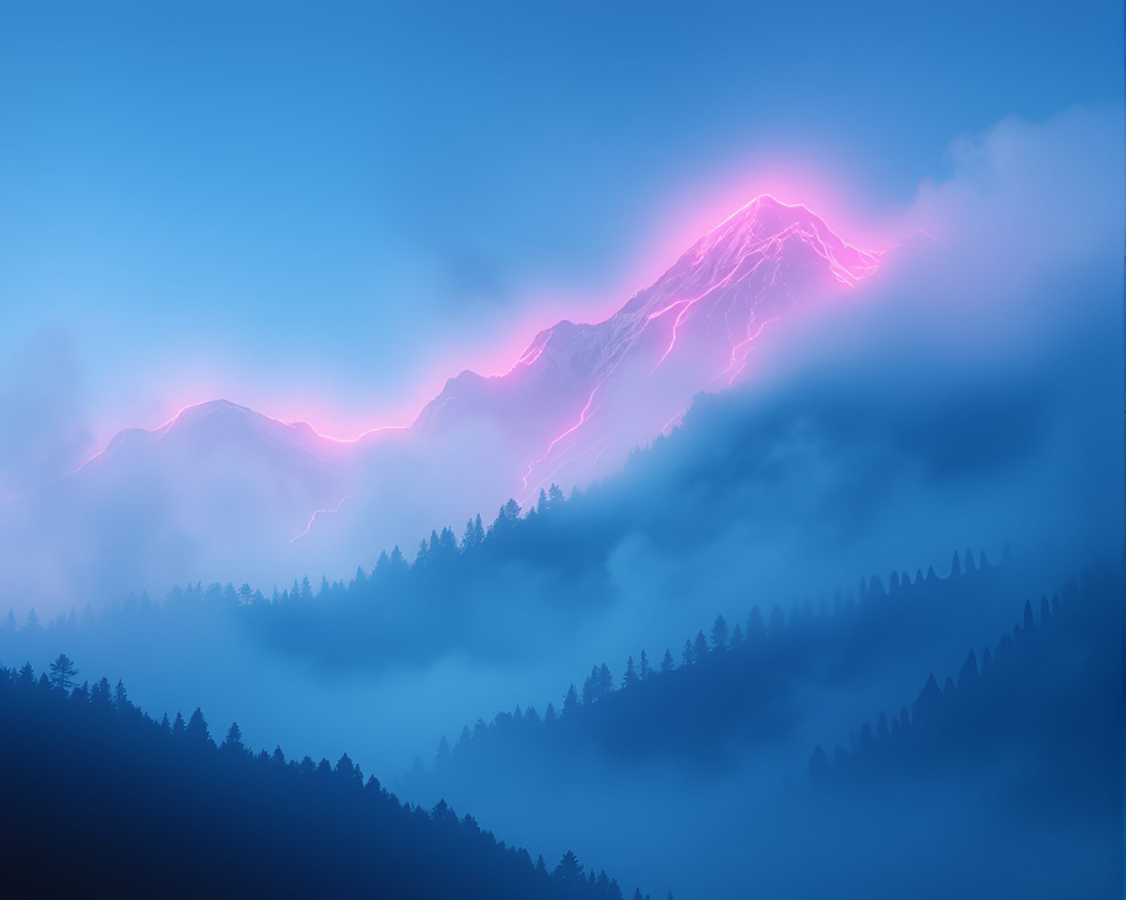 Comic book illustration of mist-covered mountain in neon wireframe