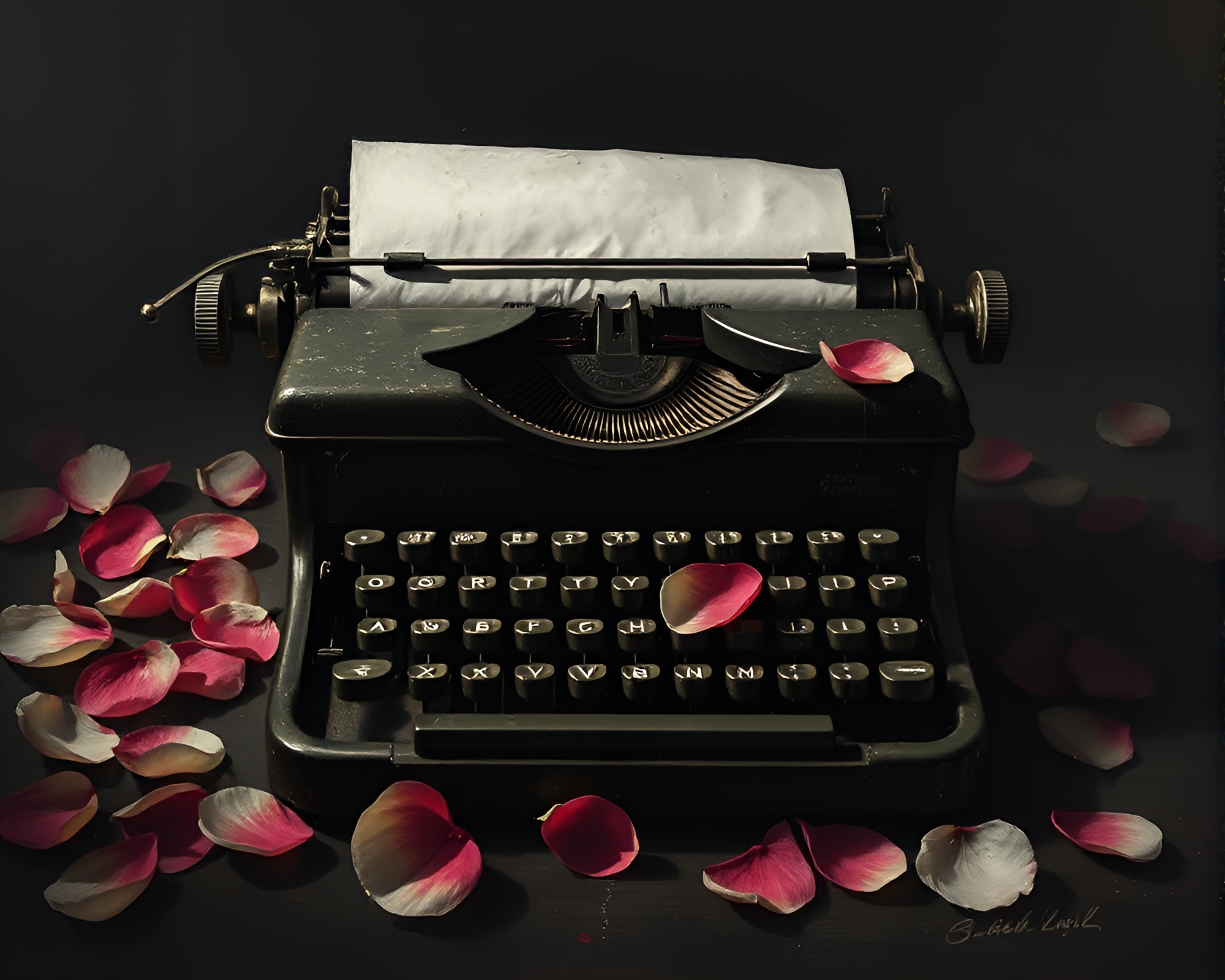 Vintage Typewriter Amongst Scattered Flower Petals – free AI stock image